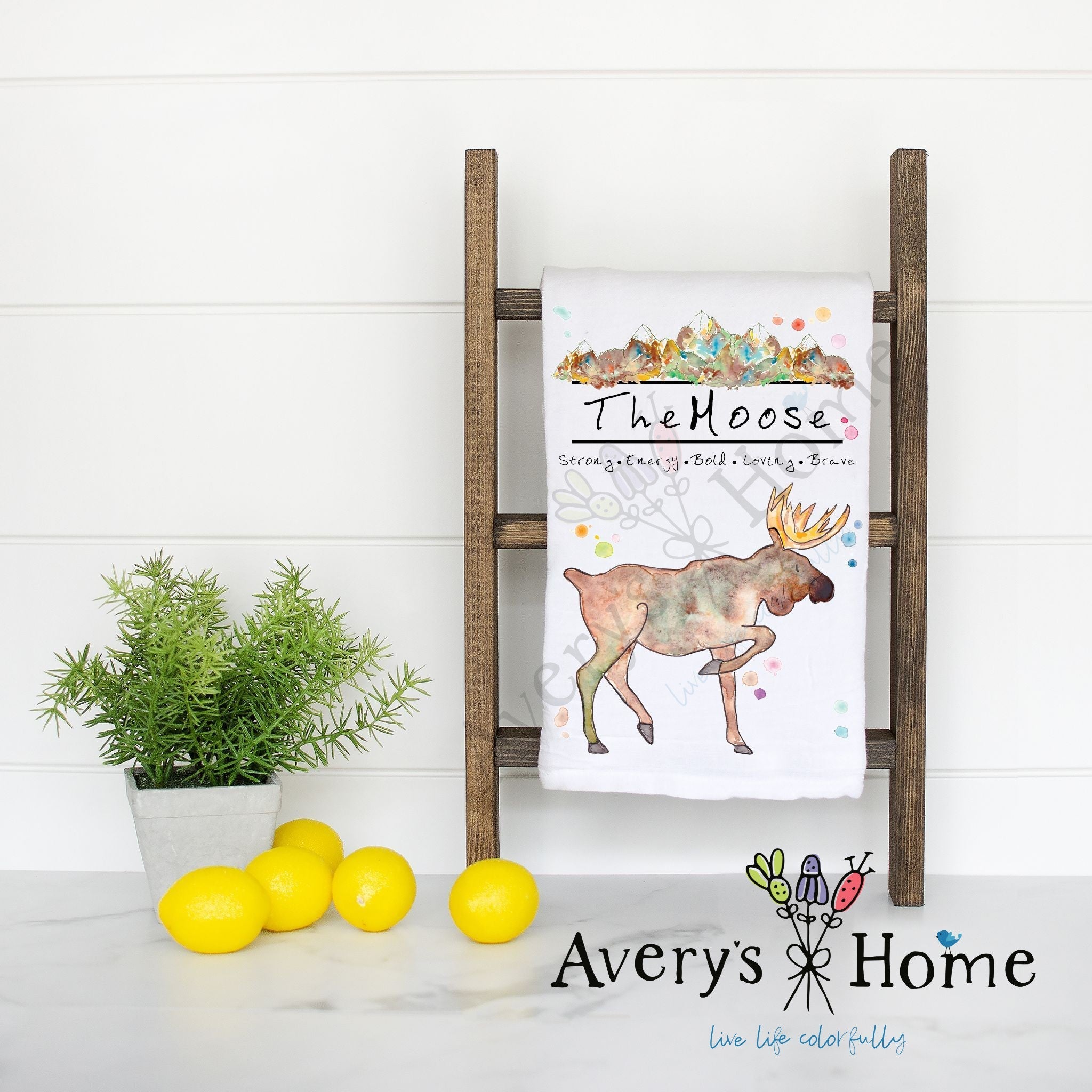 Mountain Moose flour sack dish towel, art by Avery Jackson