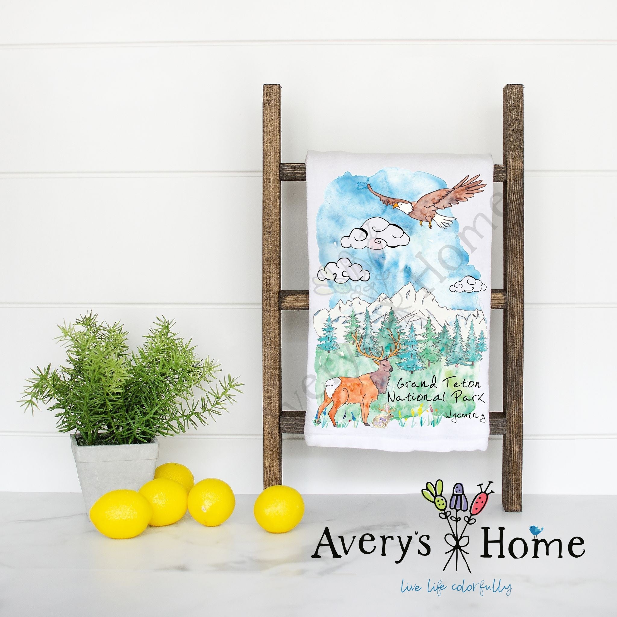 Grand Teton National Park Wyoming flour sack dish towel, art by Avery Jackson