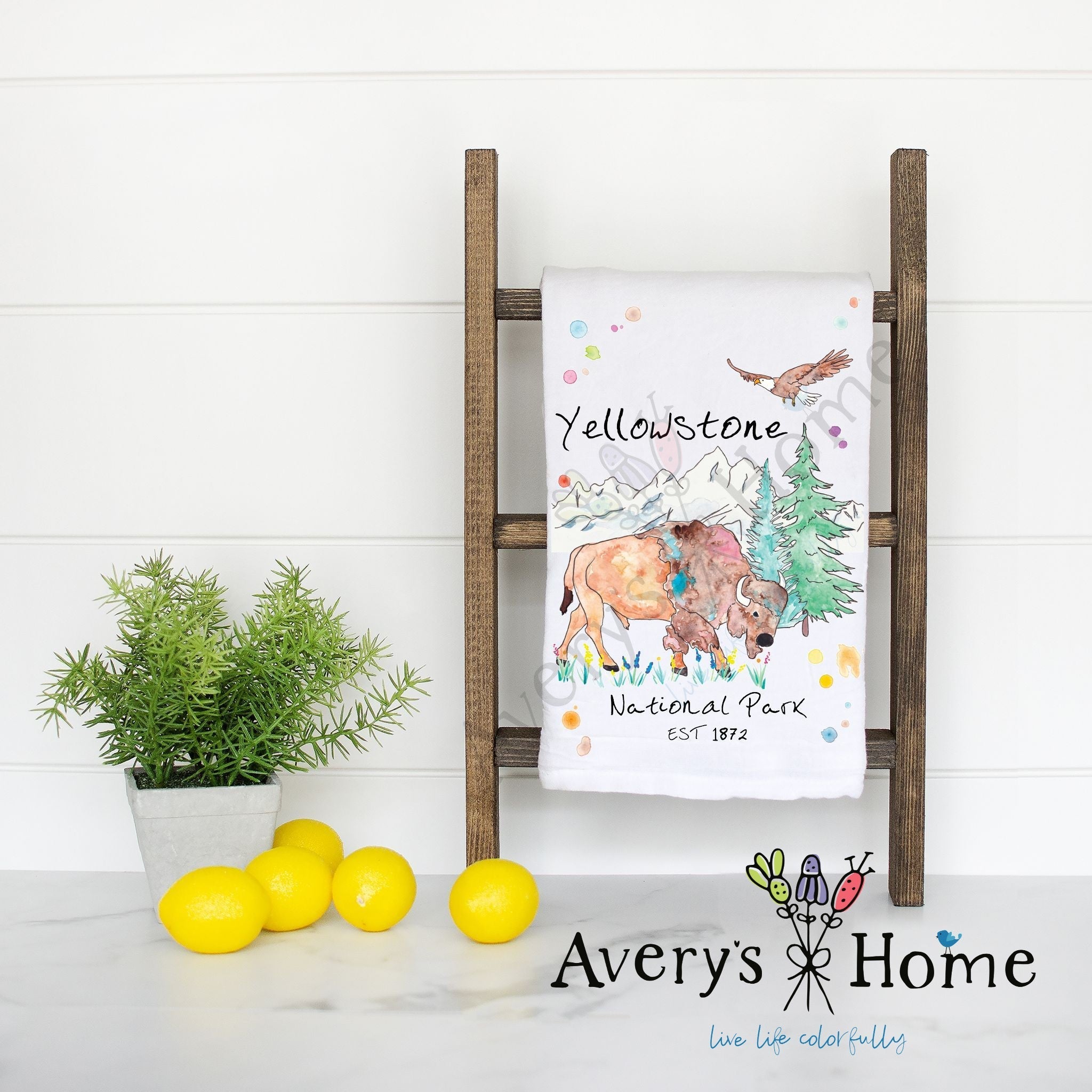 Yellowstone National Park flour sack dish towel, art by Avery Jackson