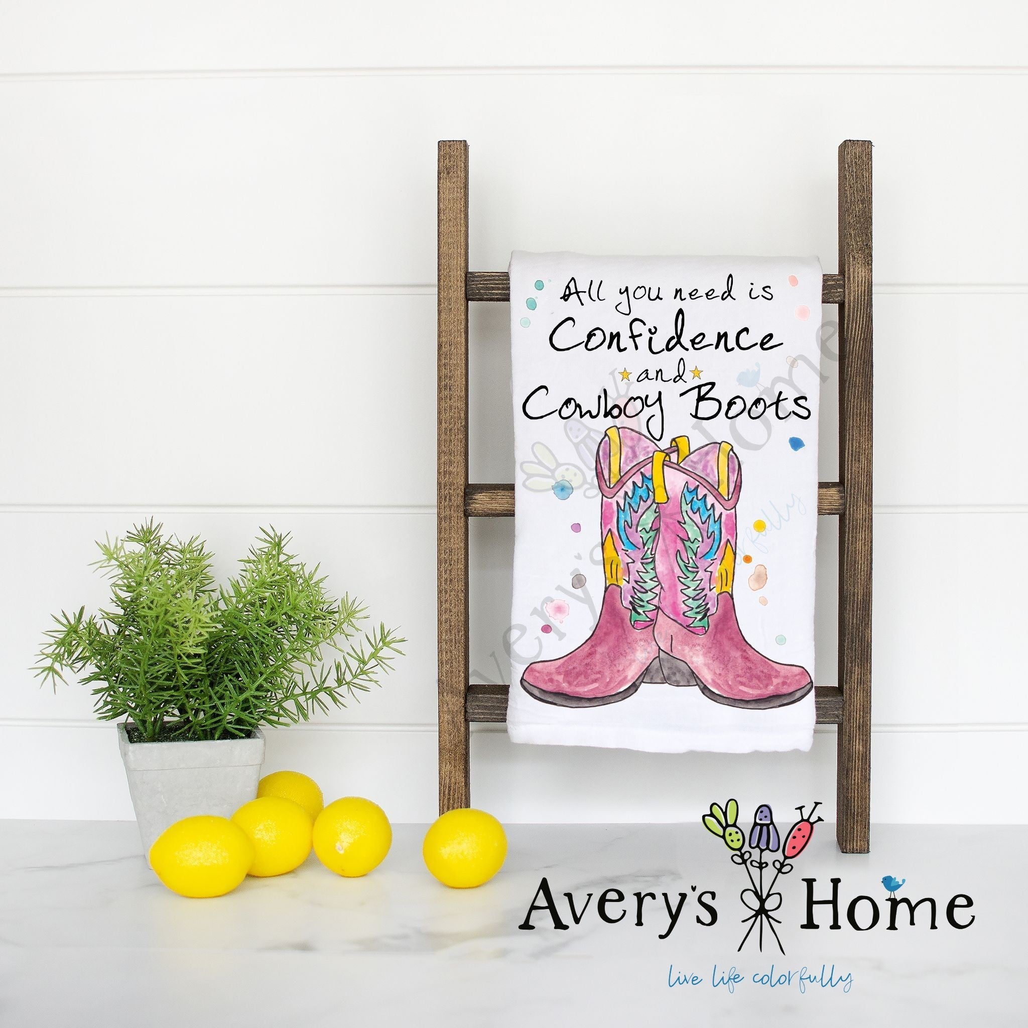 Cowboy Boots & Confidence flour sack dish towel, art by Avery Jackson