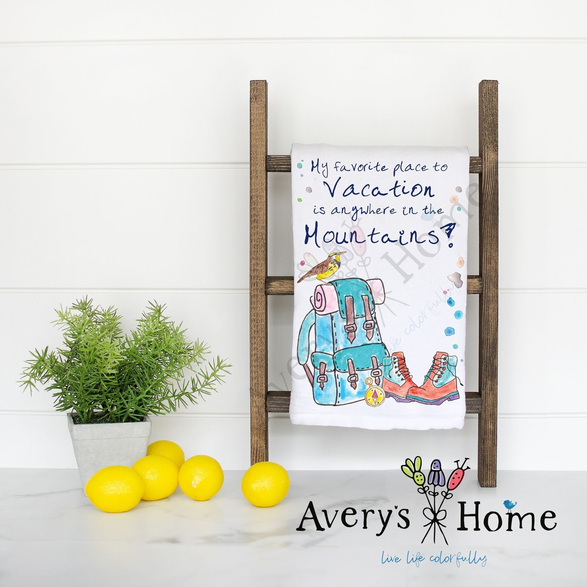 Summer Mountain Vacation flour sack dish towel, art by Avery Jackson
