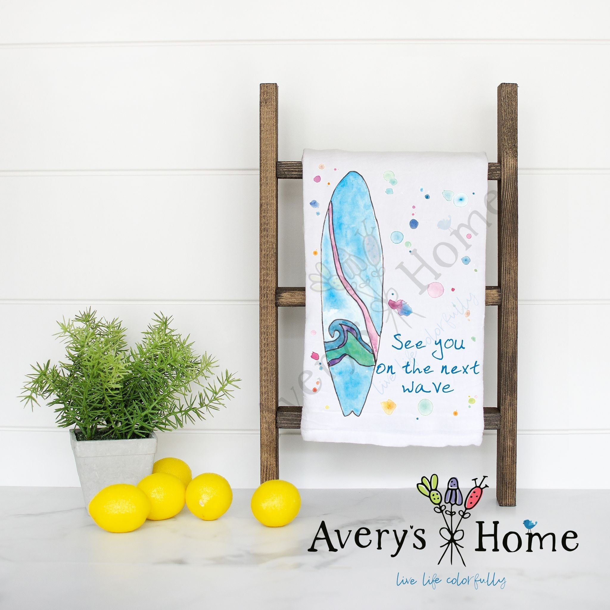 Surfing Next Wave flour sack dish towel, art by Avery Jackson