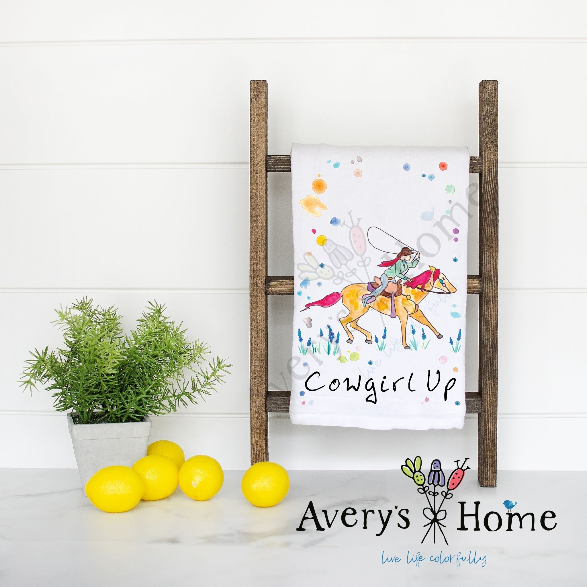 Cowgirl Up flour sack dish towel, art by Avery Jackson