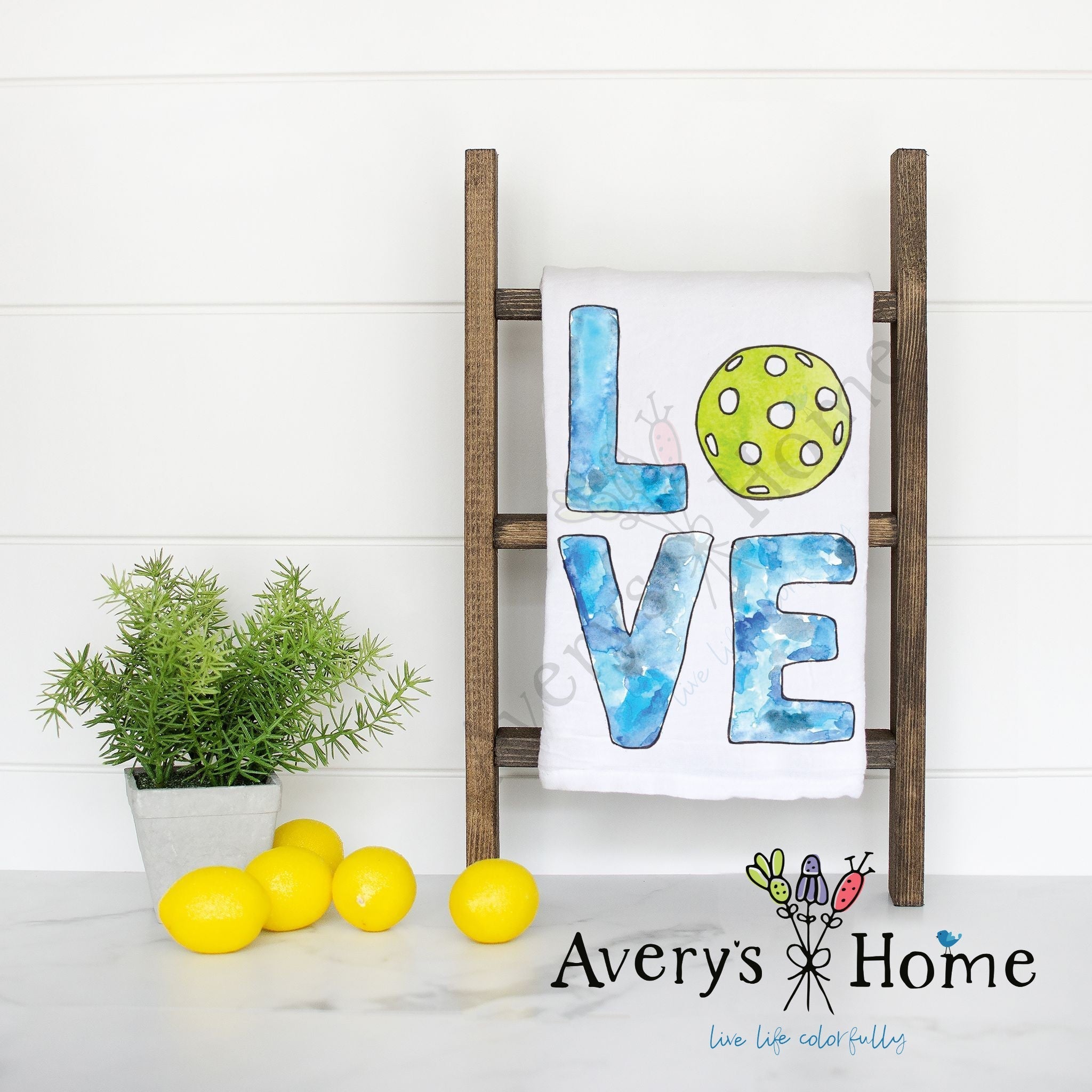 Pickleball LOVE flour sack dish towel, art by Avery Jackson