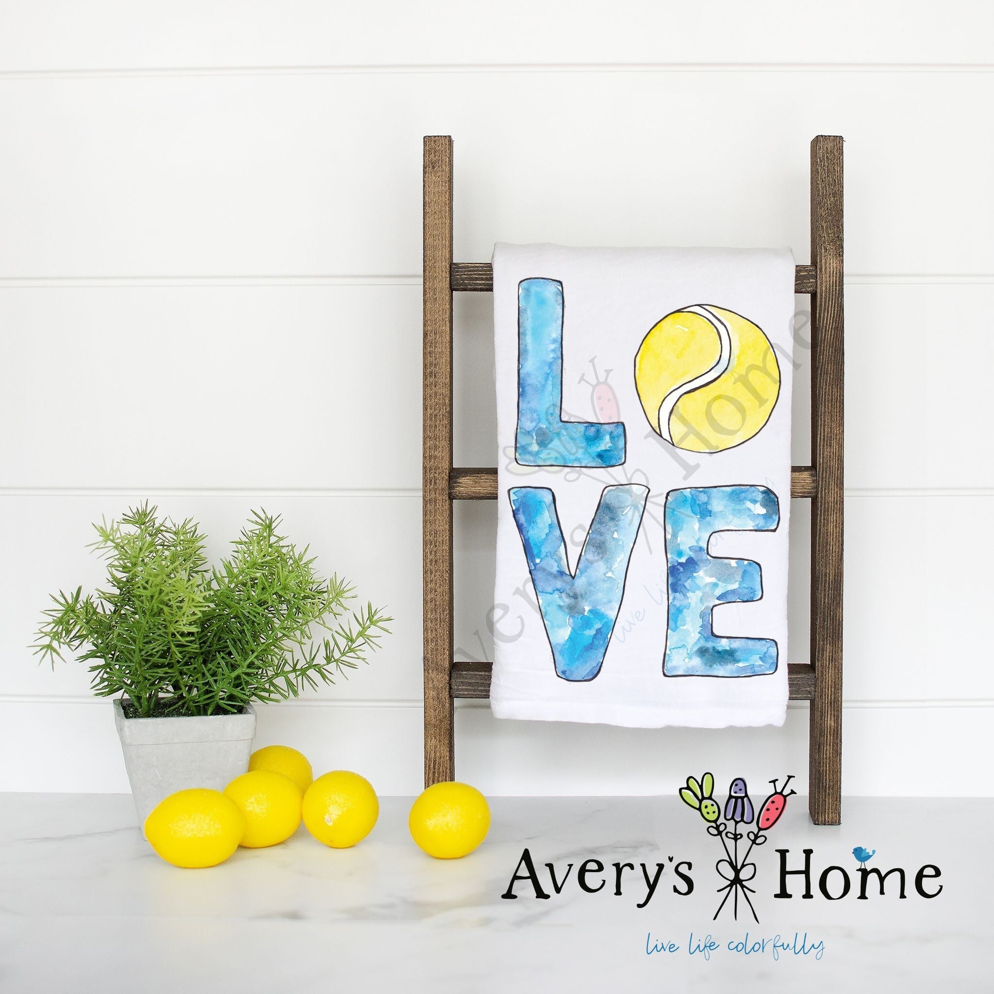 Tennis LOVE flour sack dish towel, art by Avery Jackson