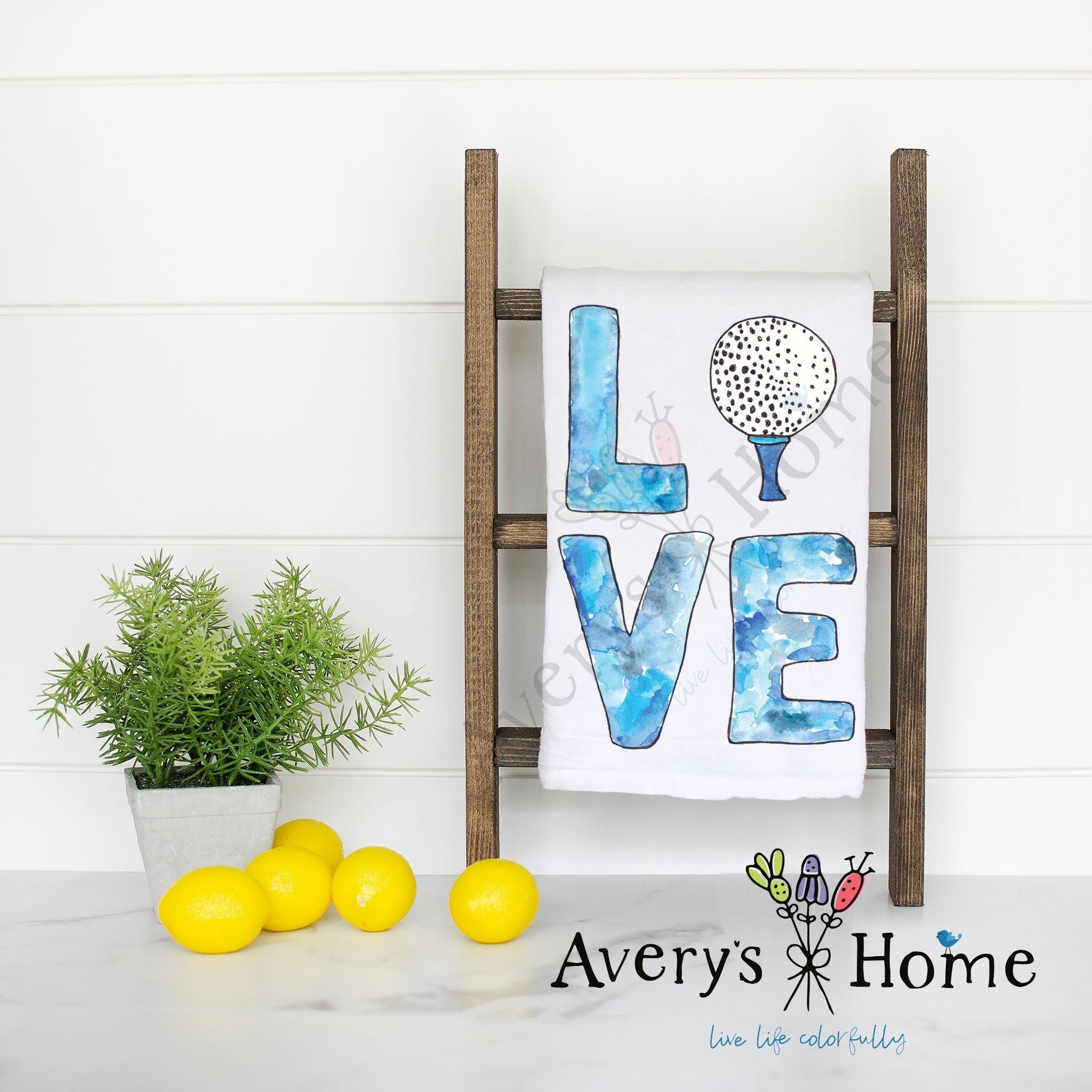 Golf LOVE flour sack dish towel, art by Avery Jackson