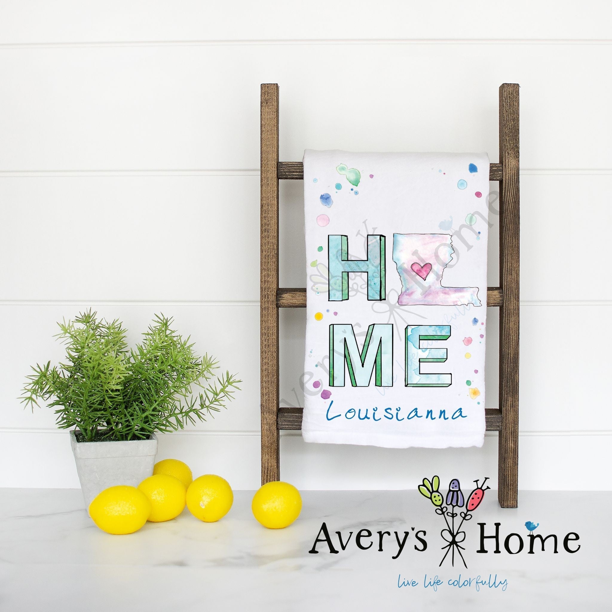 HOME in Louisiana flour sack dish towel, art by Avery Jackson