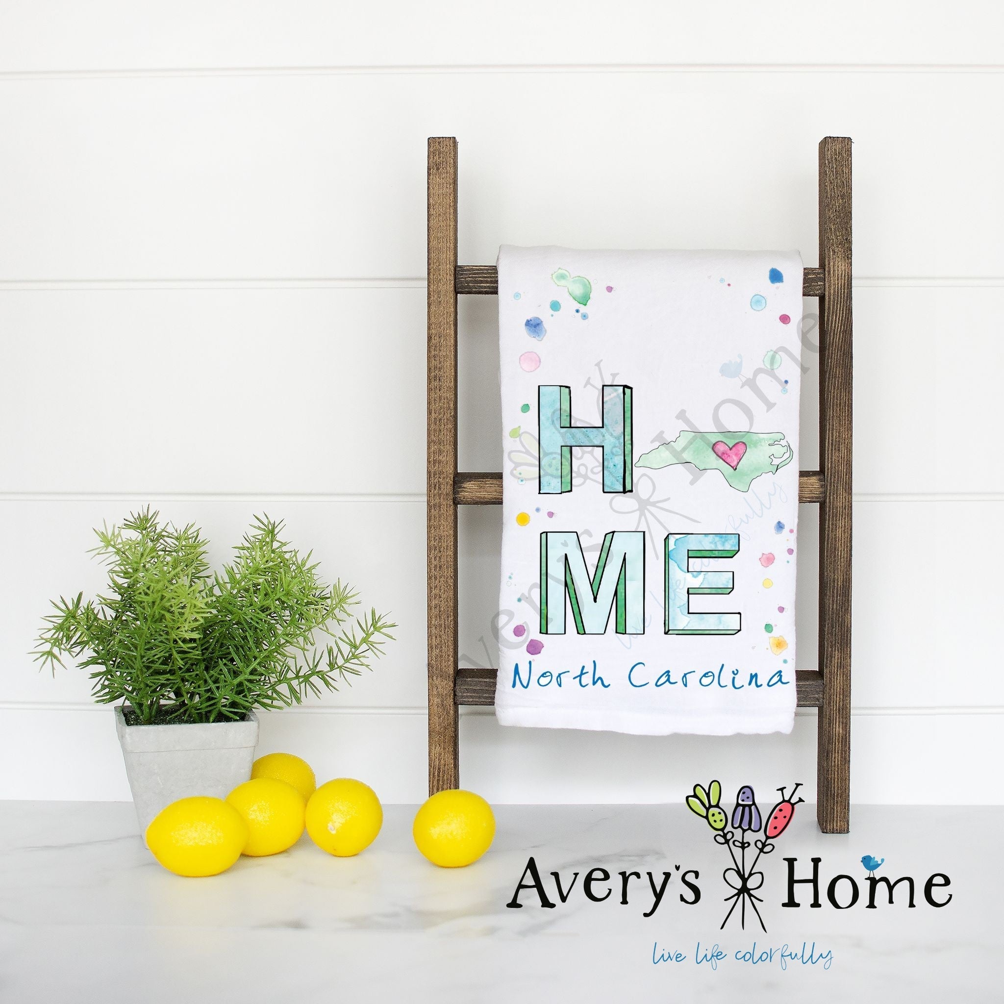 HOME in North Carolina flour sack dish towel, art by Avery Jackson