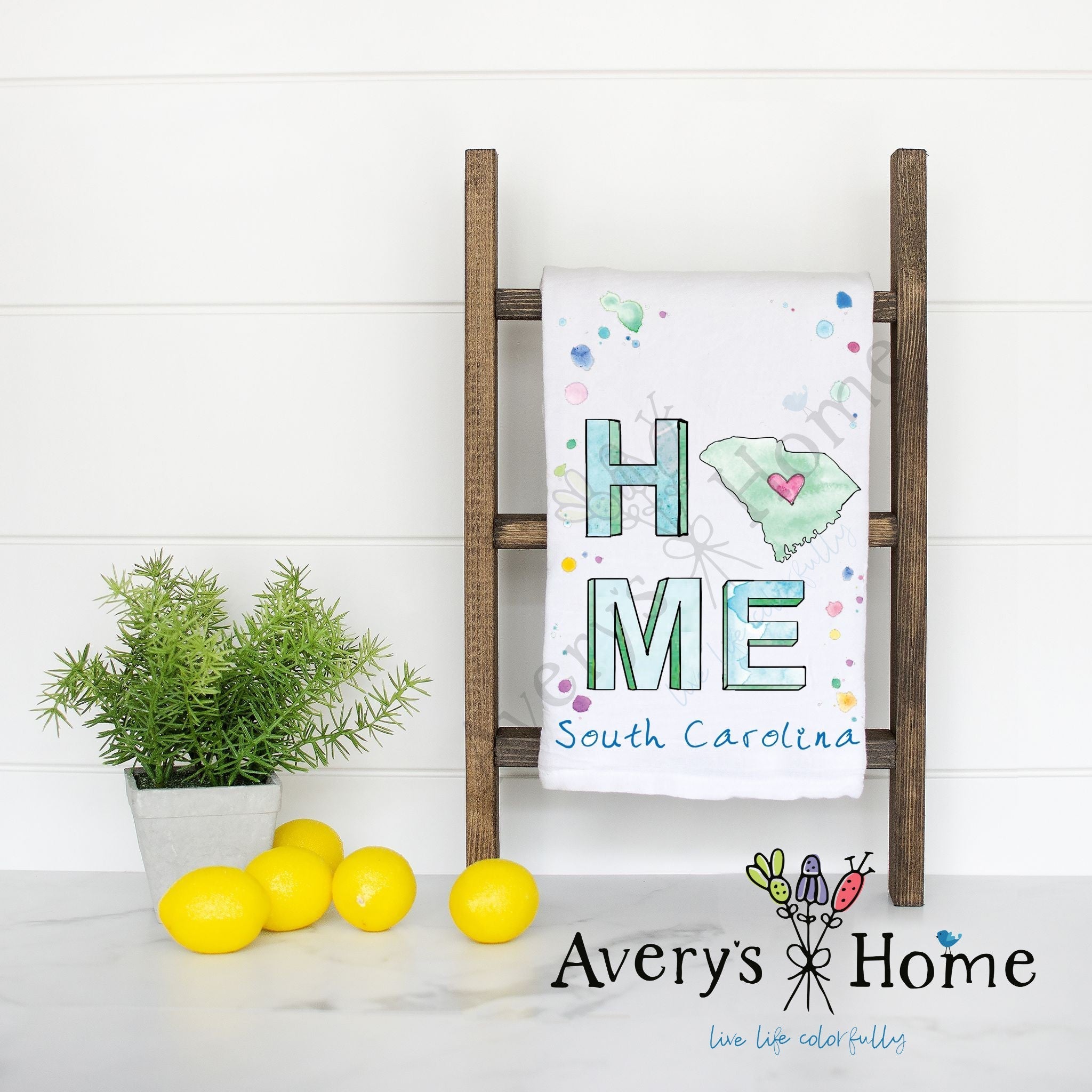 HOME in South Carolina flour sack dish towel, art by Avery Jackson