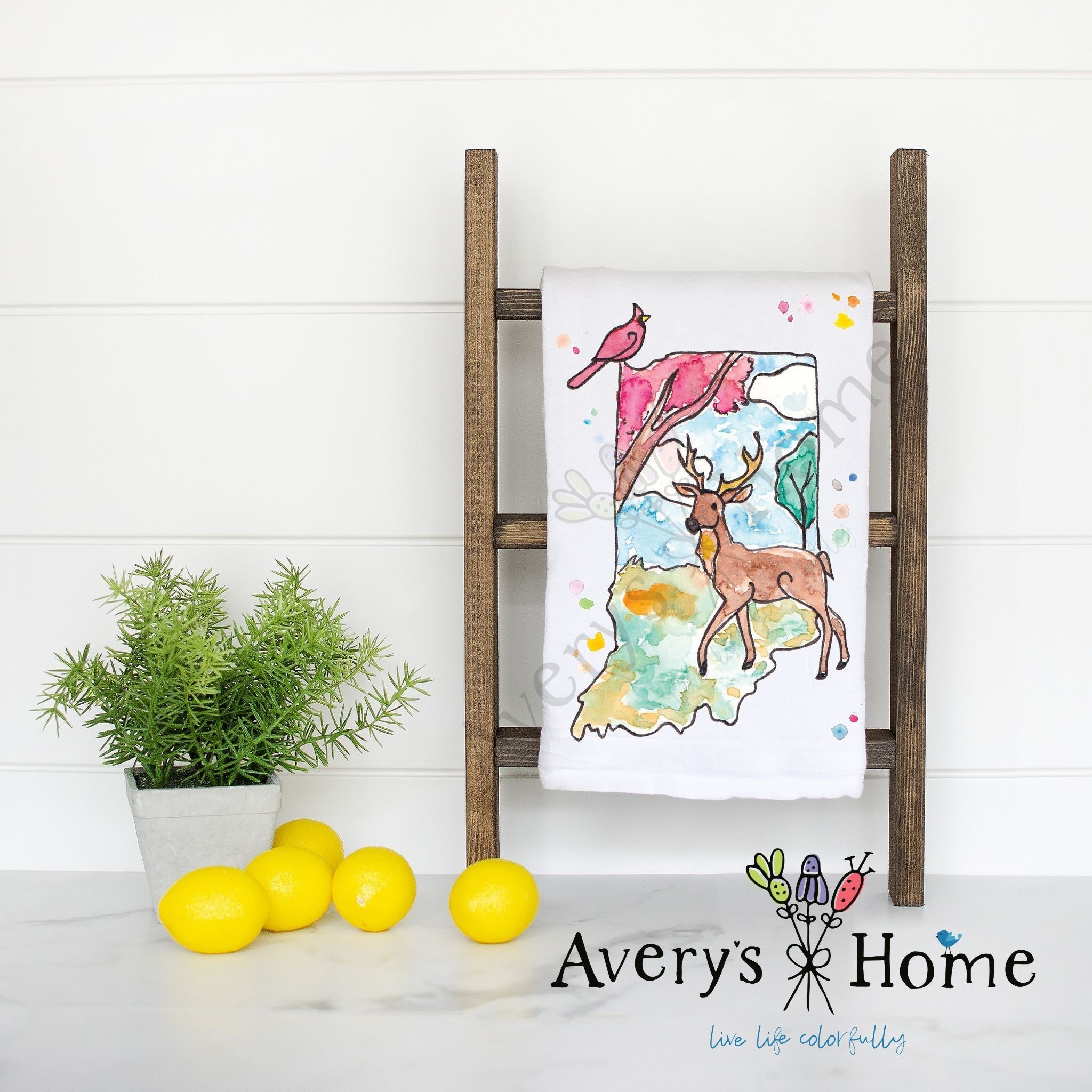 Indiana State Design flour sack dish towel, art by Avery Jackson