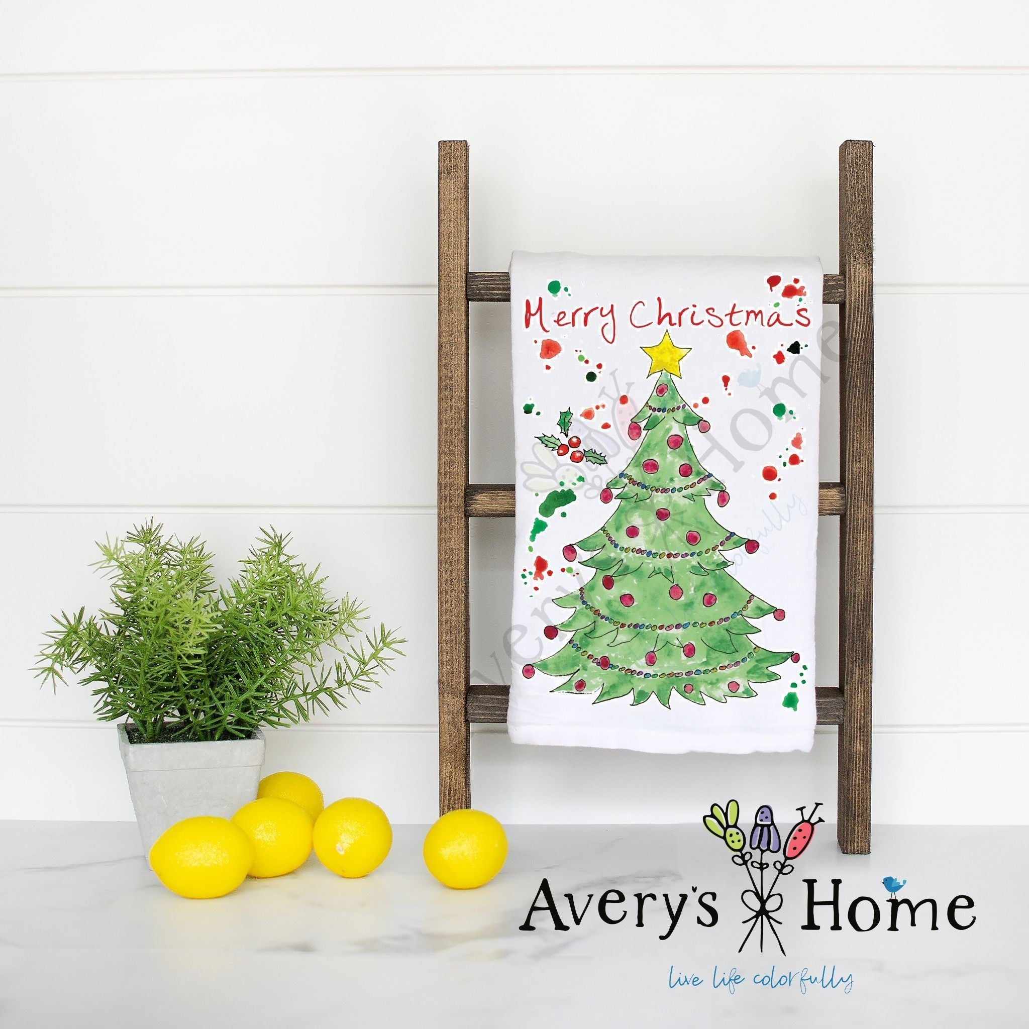Christmas Tree flour sack dish towel, art by Avery Jackson