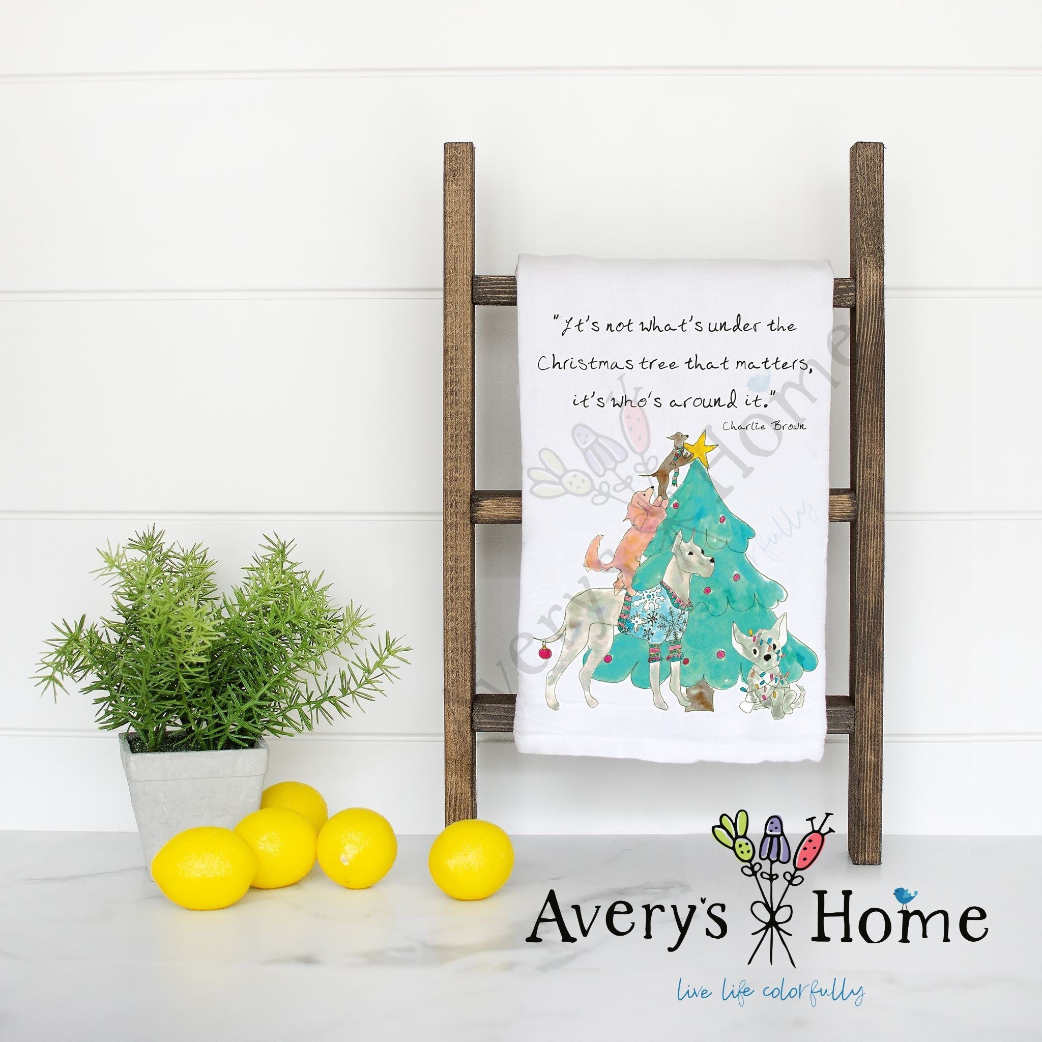 Dogs with Christmas Tree flour sack dish towel, art by Avery Jackson