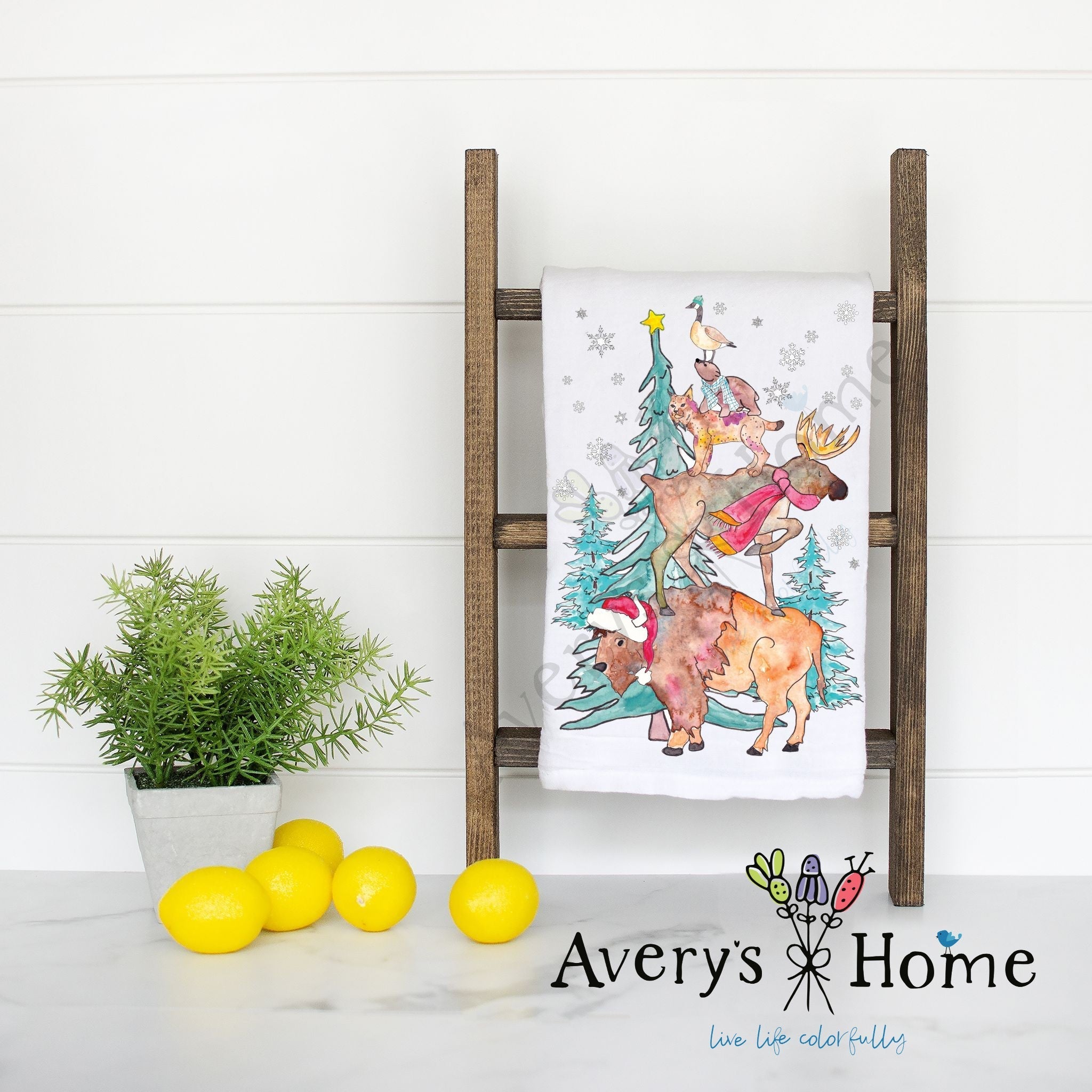 Woodland Animals Christmas Tree flour sack dish towel, art by Avery Jackson