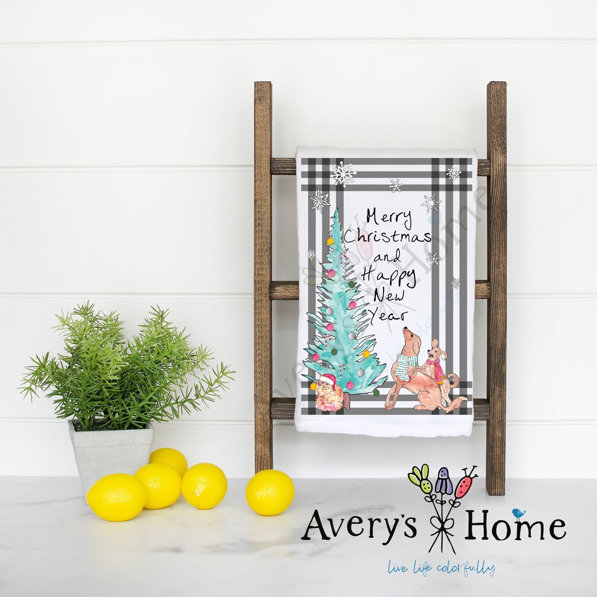 Wishing You a Merry Christmas flour sack dish towel, art by Avery Jackson