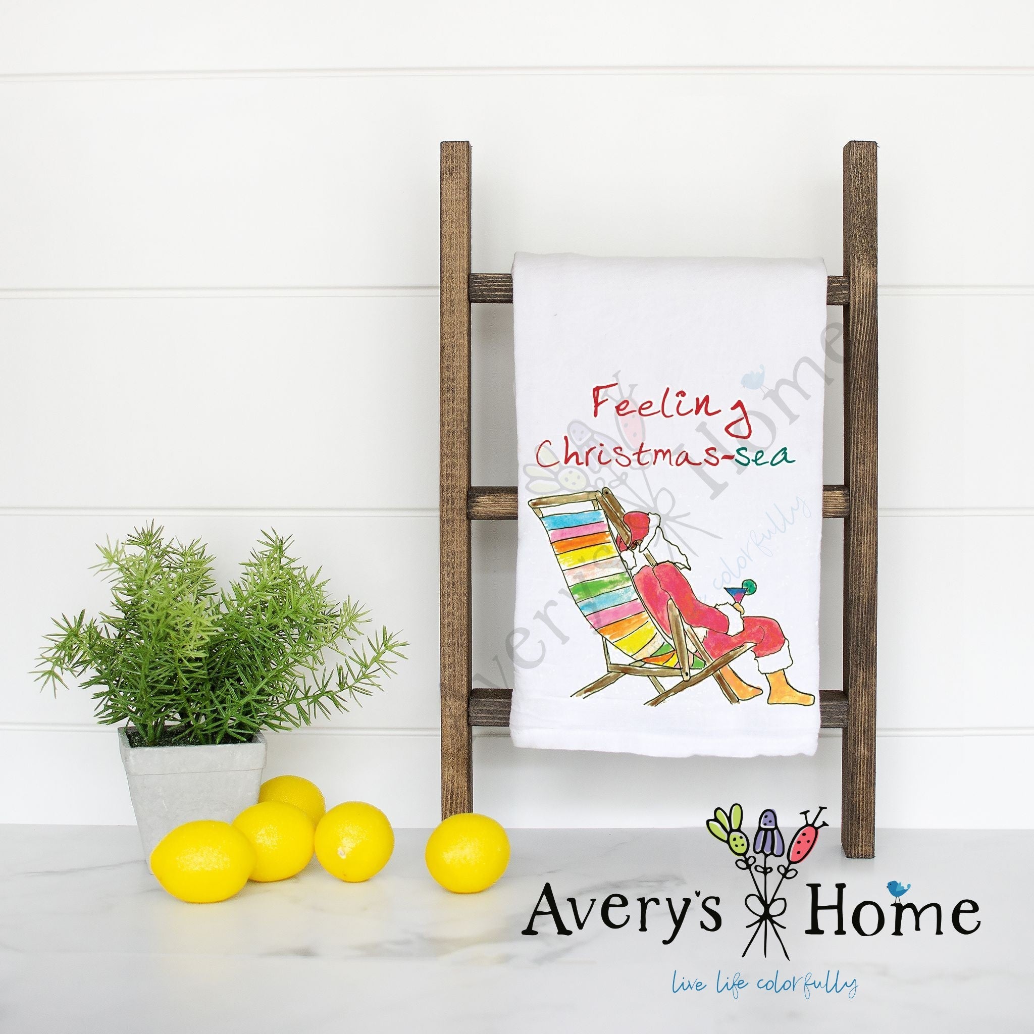 Feeling Christmas-Sea flour sack dish towel, art by Avery Jackson