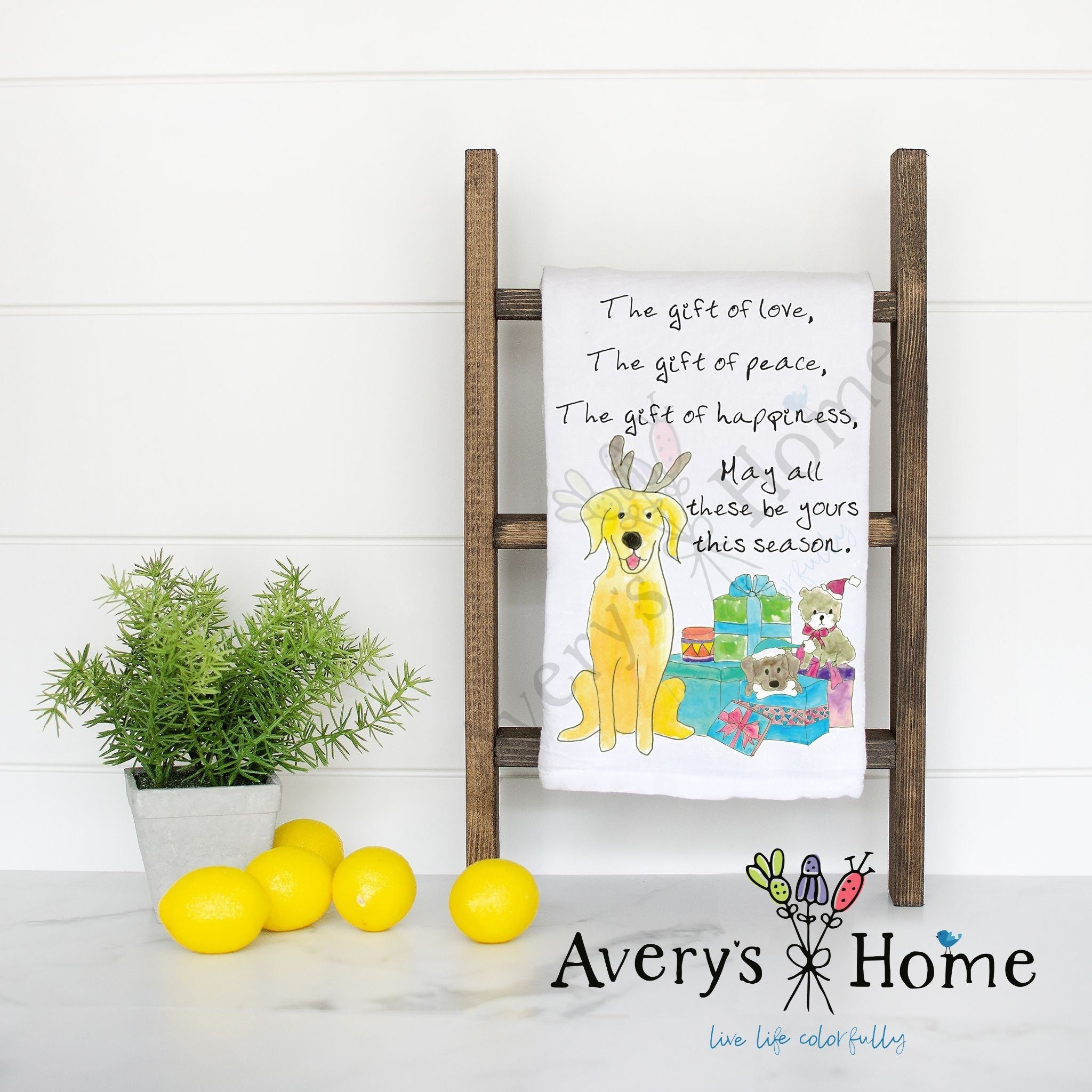 Christmas Gifts of Love Peace Happiness flour sack dish towel, art by Avery Jackson