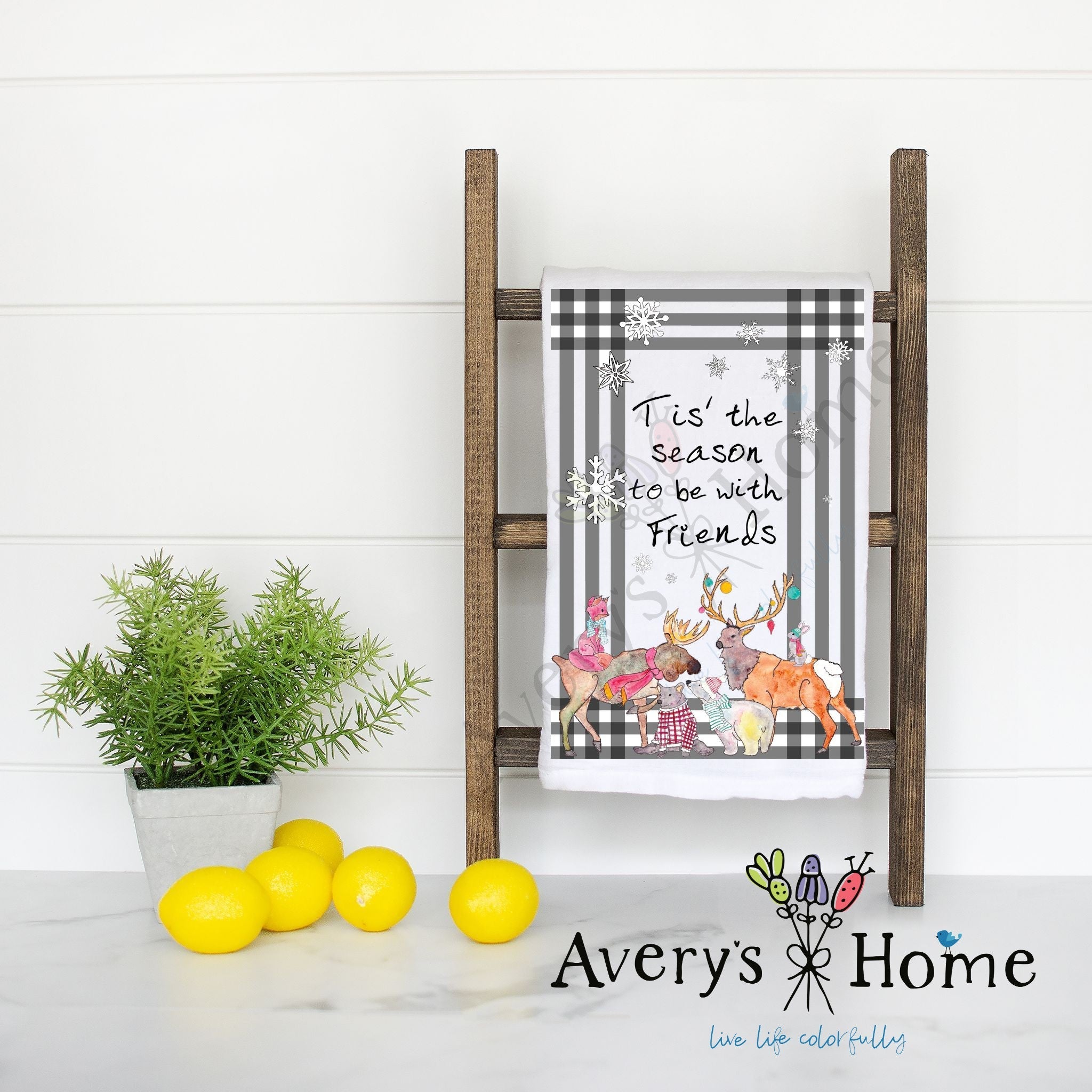 Tis' the Season to Be with Friends flour sack dish towel, art by Avery Jackson