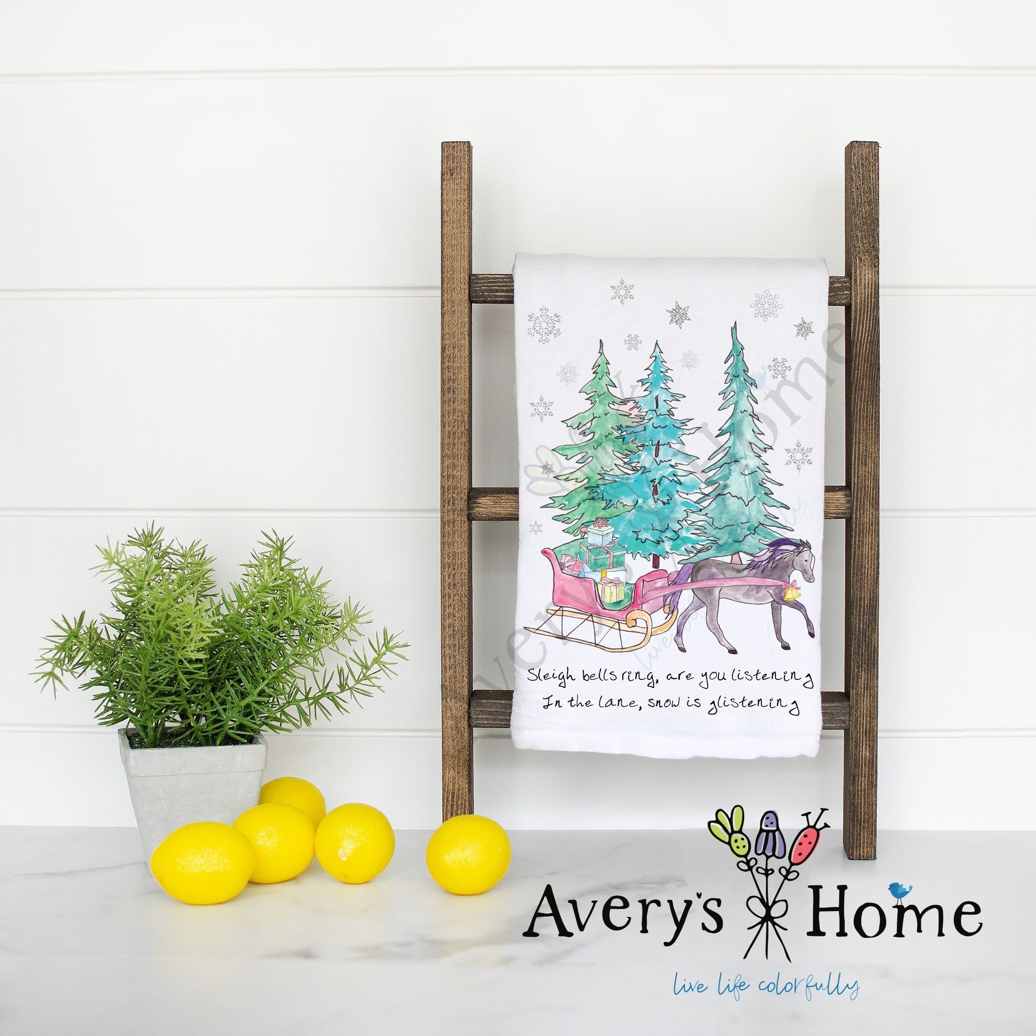 Christmas Horse & Sleigh Ride flour sack dish towel, art by Avery Jackson