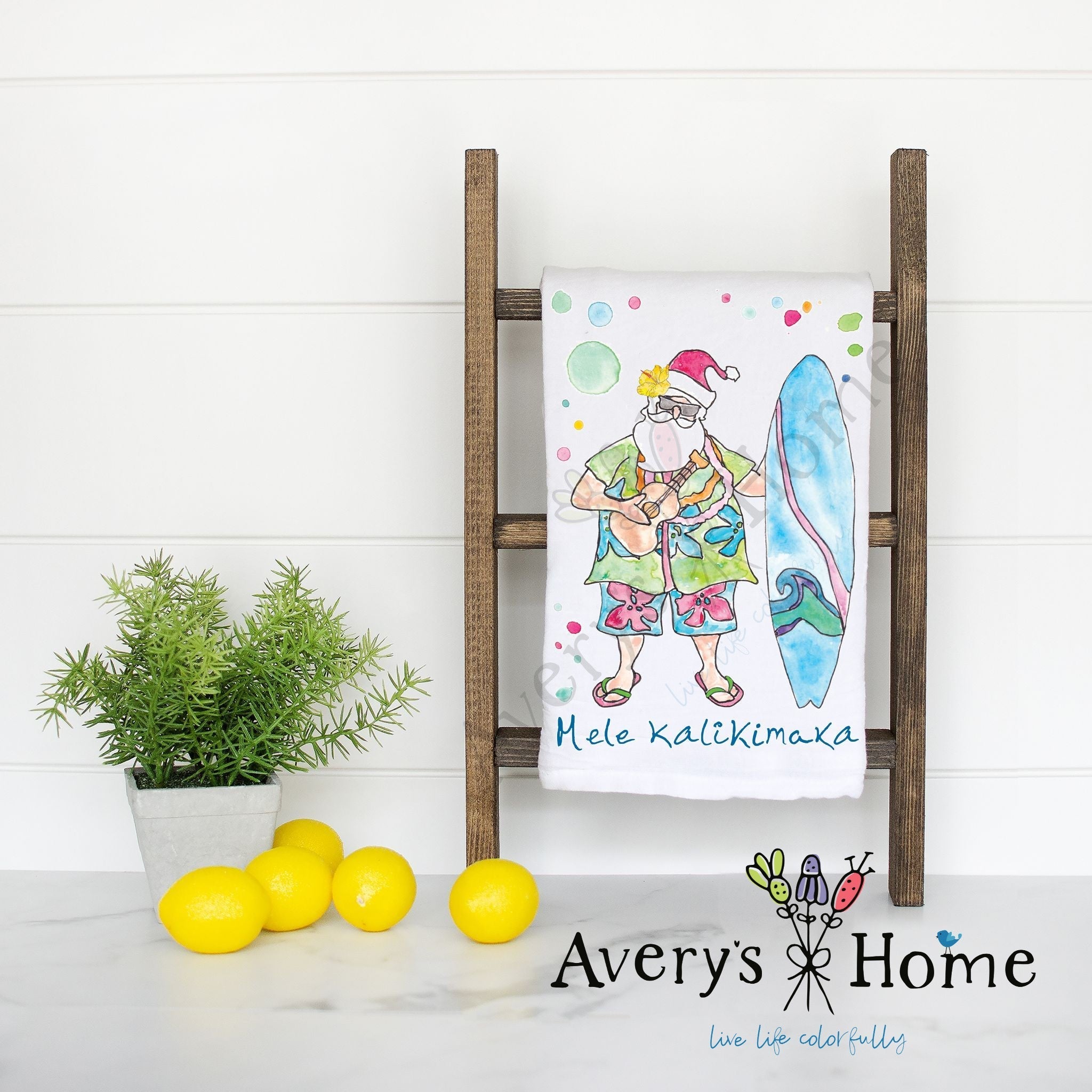 Mele Kalikimaka Christmas flour sack dish towel, art by Avery Jackson