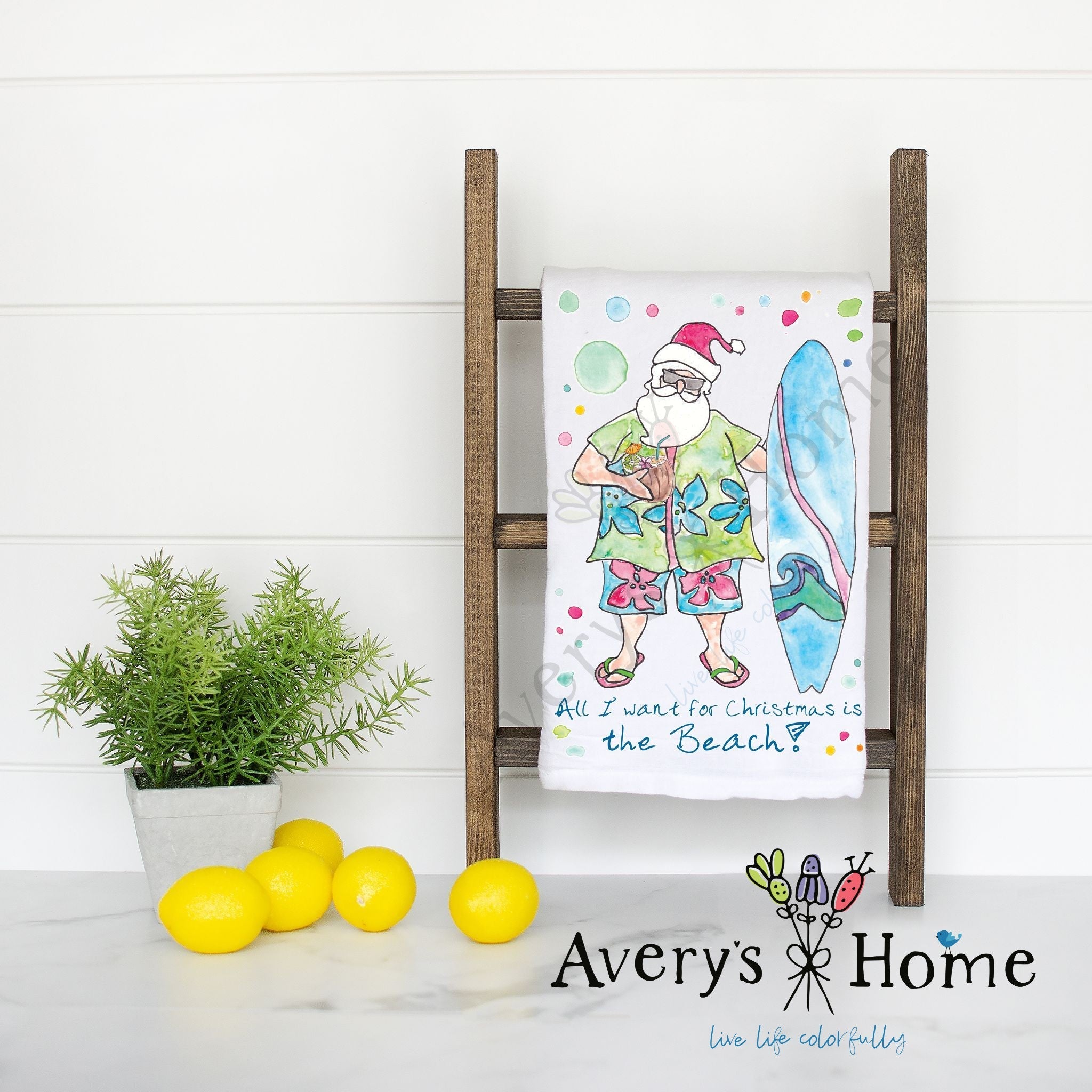 All I Want for Christmas is the Beach flour sack dish towel, art by Avery Jackson