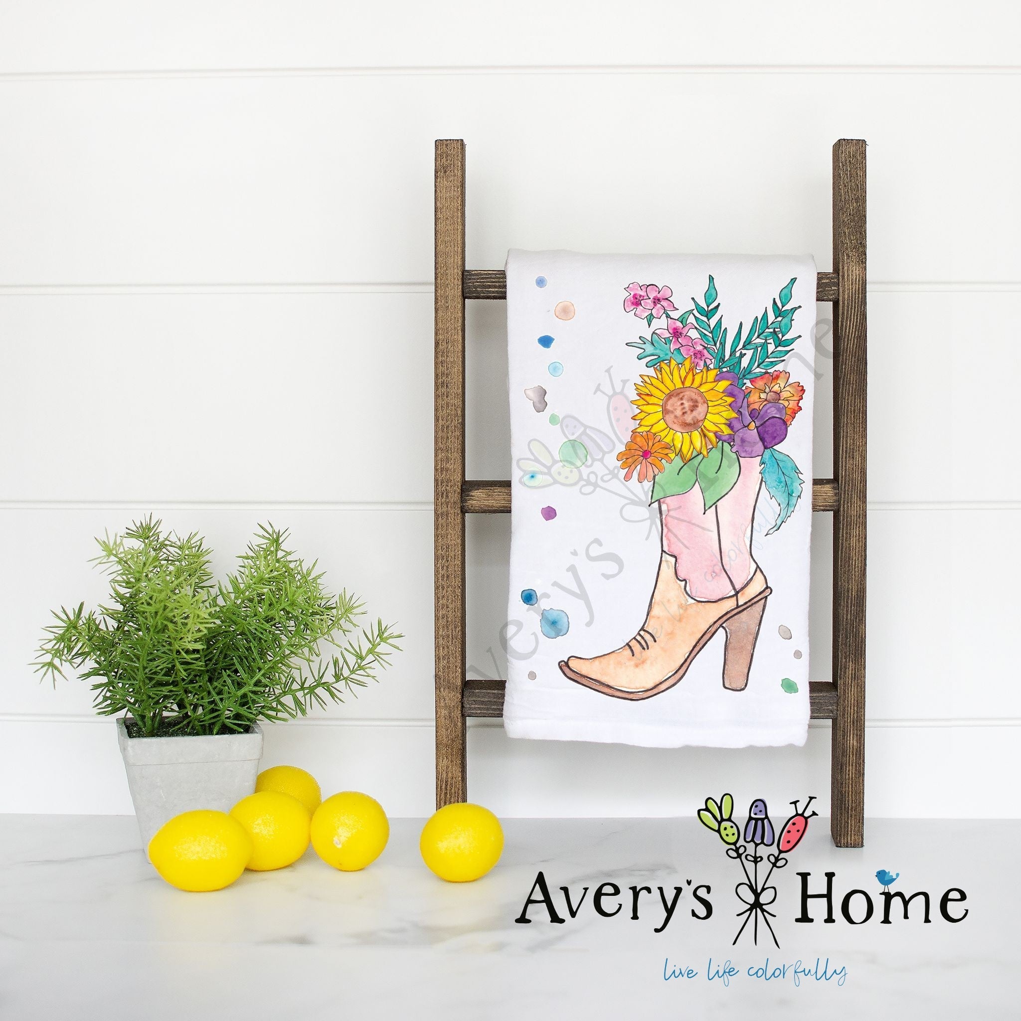 Red Cowgirl Boots and Flowers flour sack dish towel, art by Avery Jackson