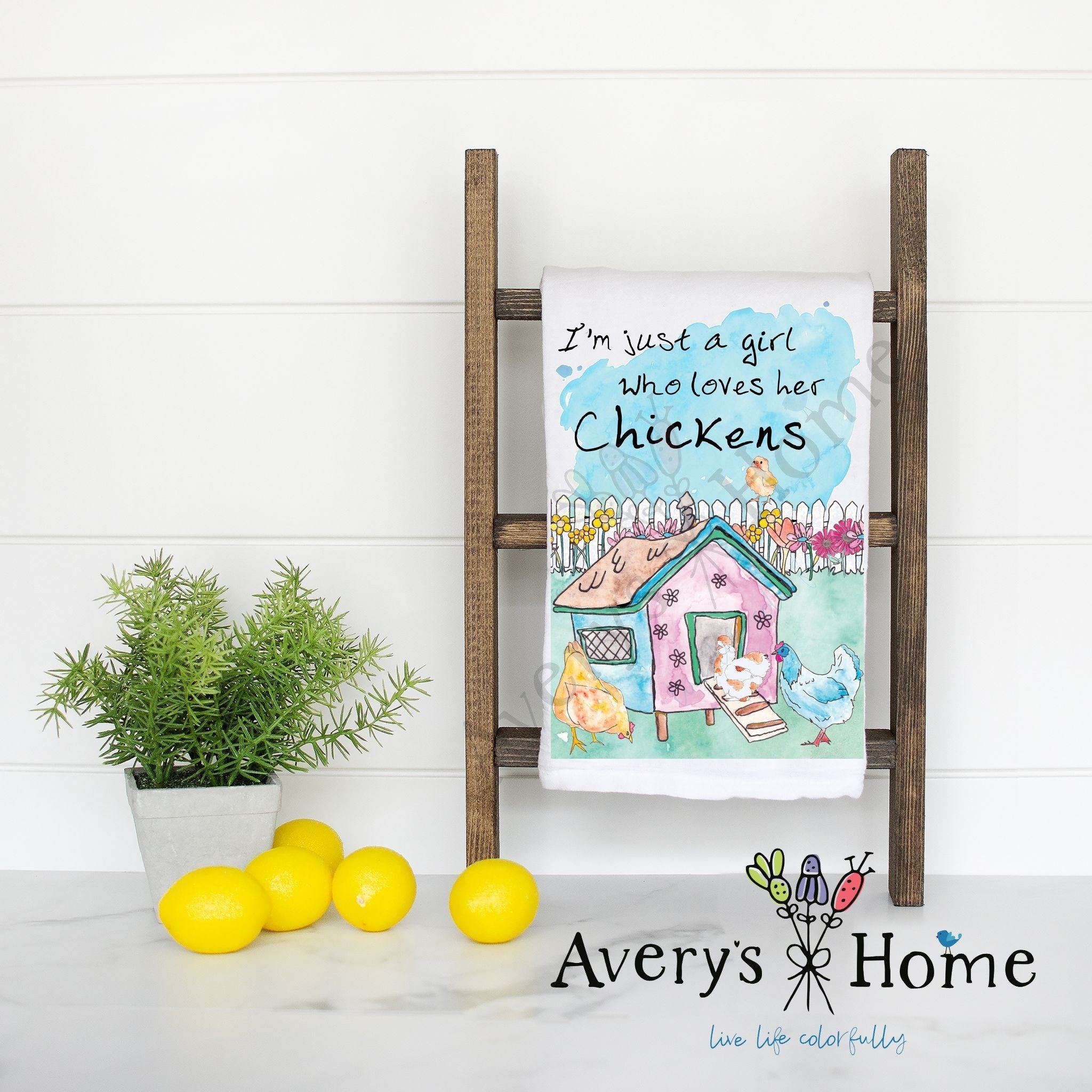 Girl Who Loves Chickens flour sack dish towel, art by Avery Jackson