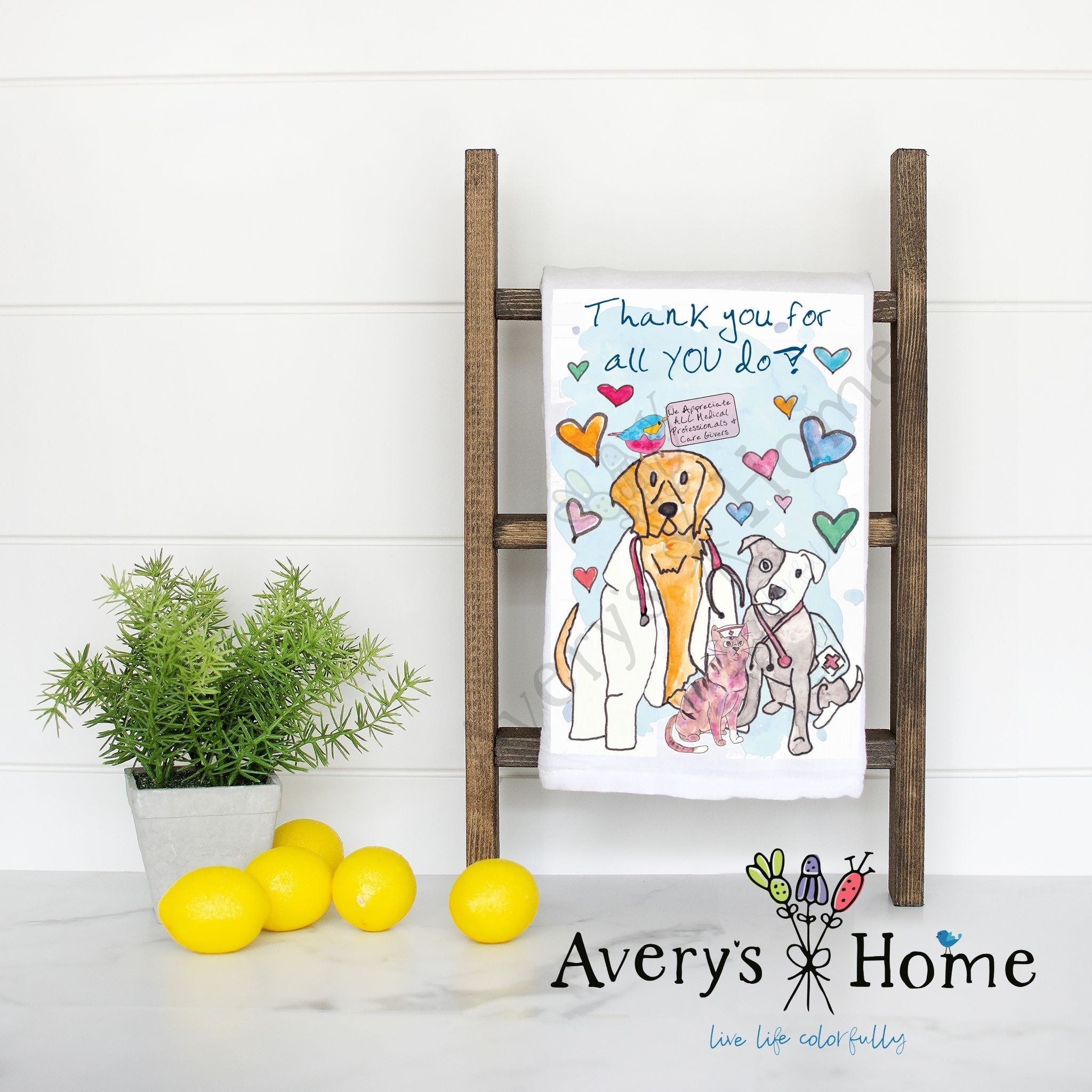 Thank You Medical Personnel flour sack dish towel, art by Avery Jackson