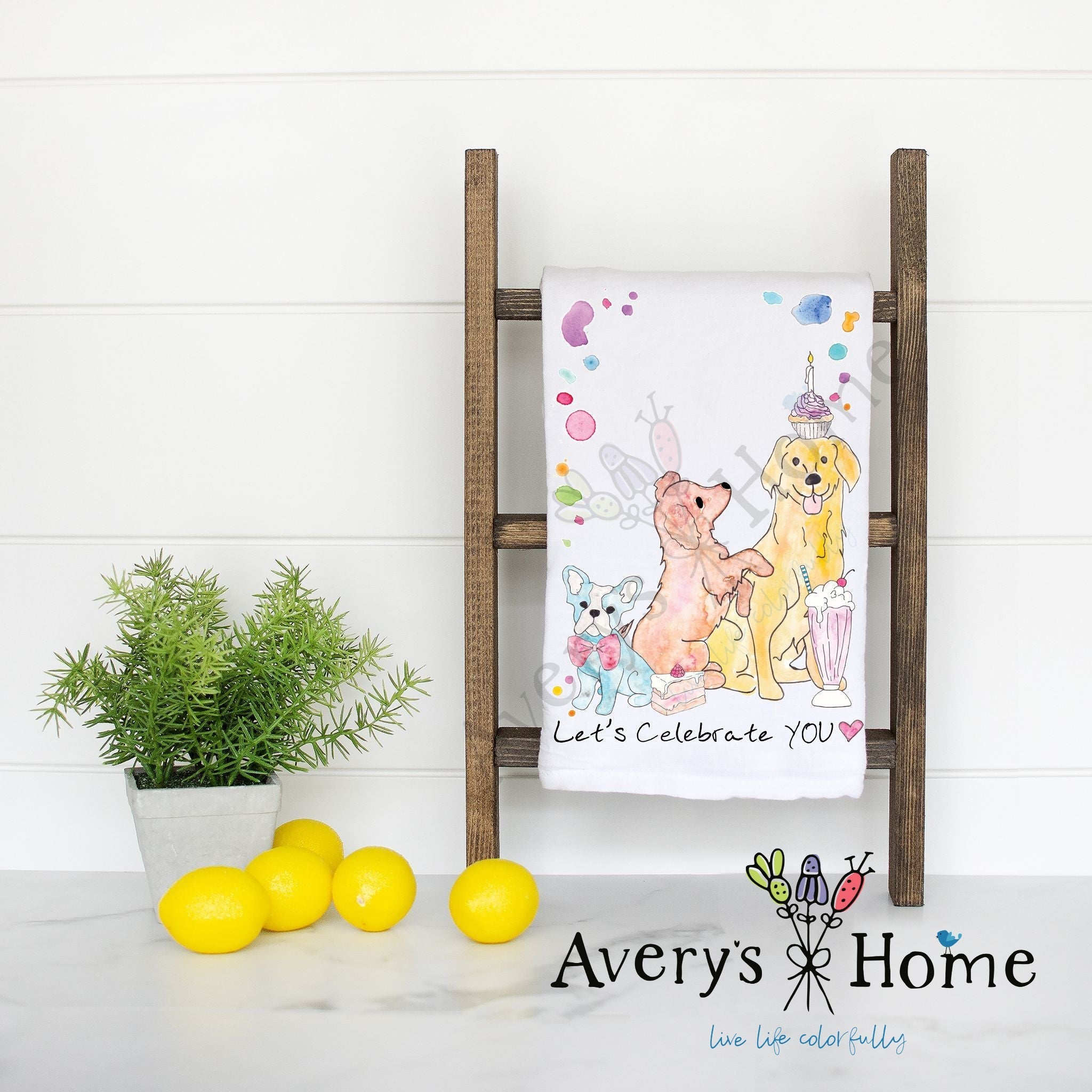 Celebrate Your Birthday flour sack dish towel, art by Avery Jackson