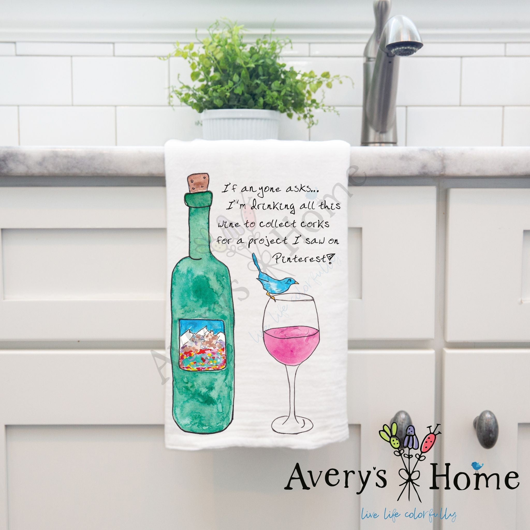 Wine Pinterest Project dish towel, 27x27 flour sack cotton