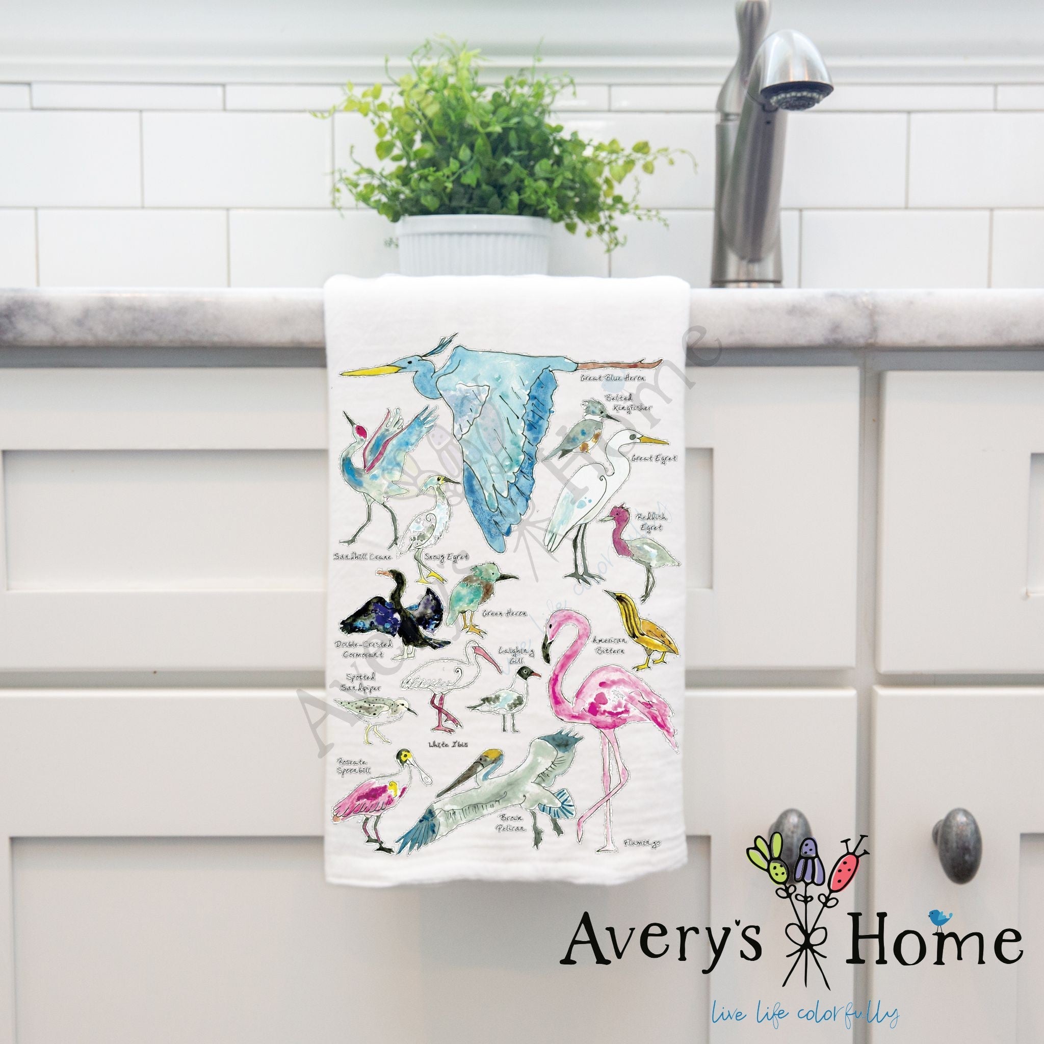 Coastal Birds dish towel hanging by kitchen sink
