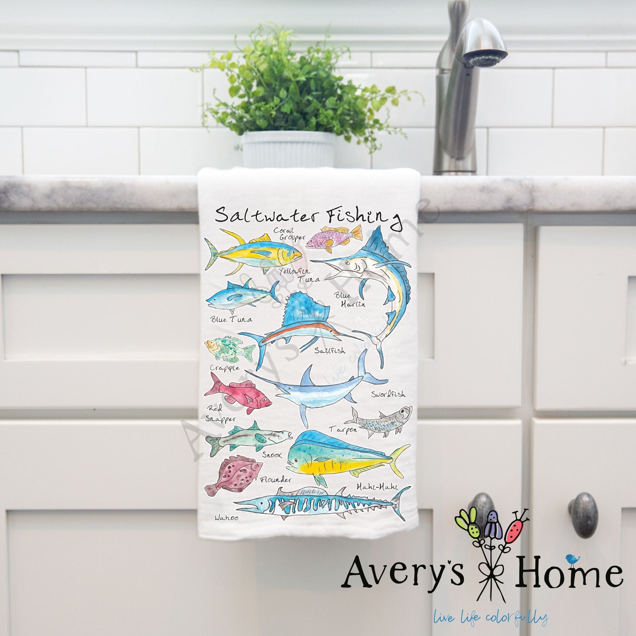 Saltwater Fishing dish towel, 27x27 flour sack cotton