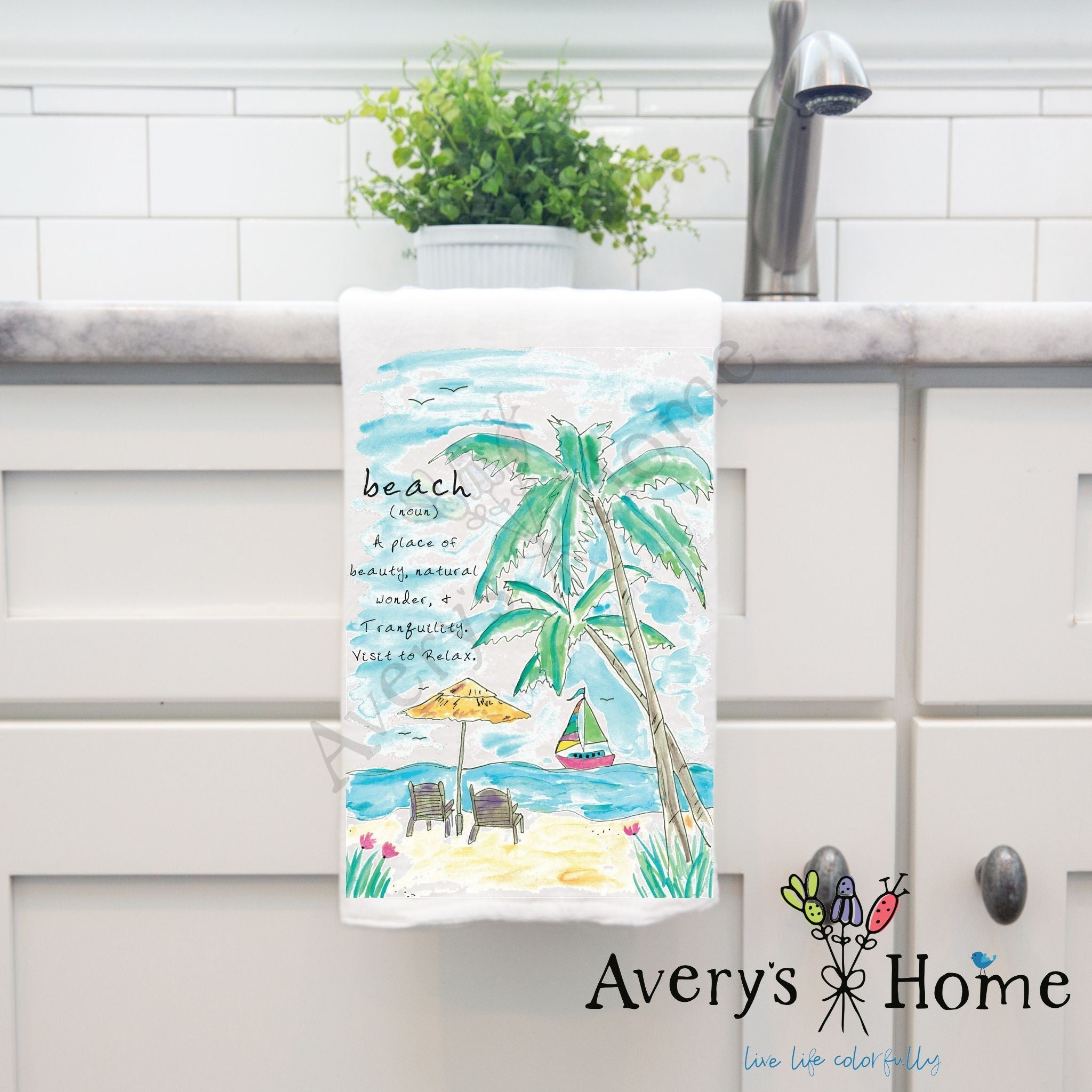Beach Definition dish towel hanging by kitchen sink