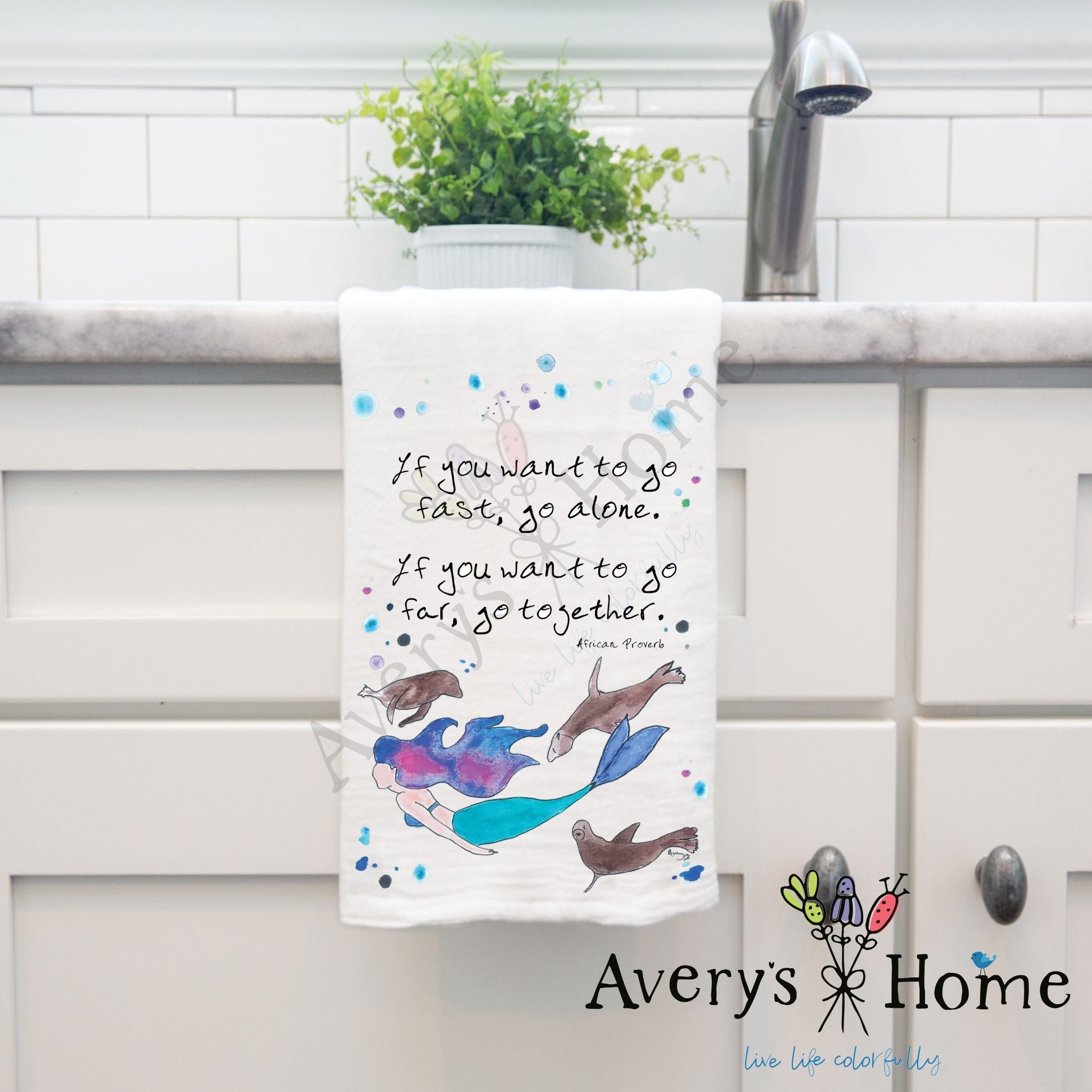 Mermaid and Seals dish towel, 27x27 flour sack cotton