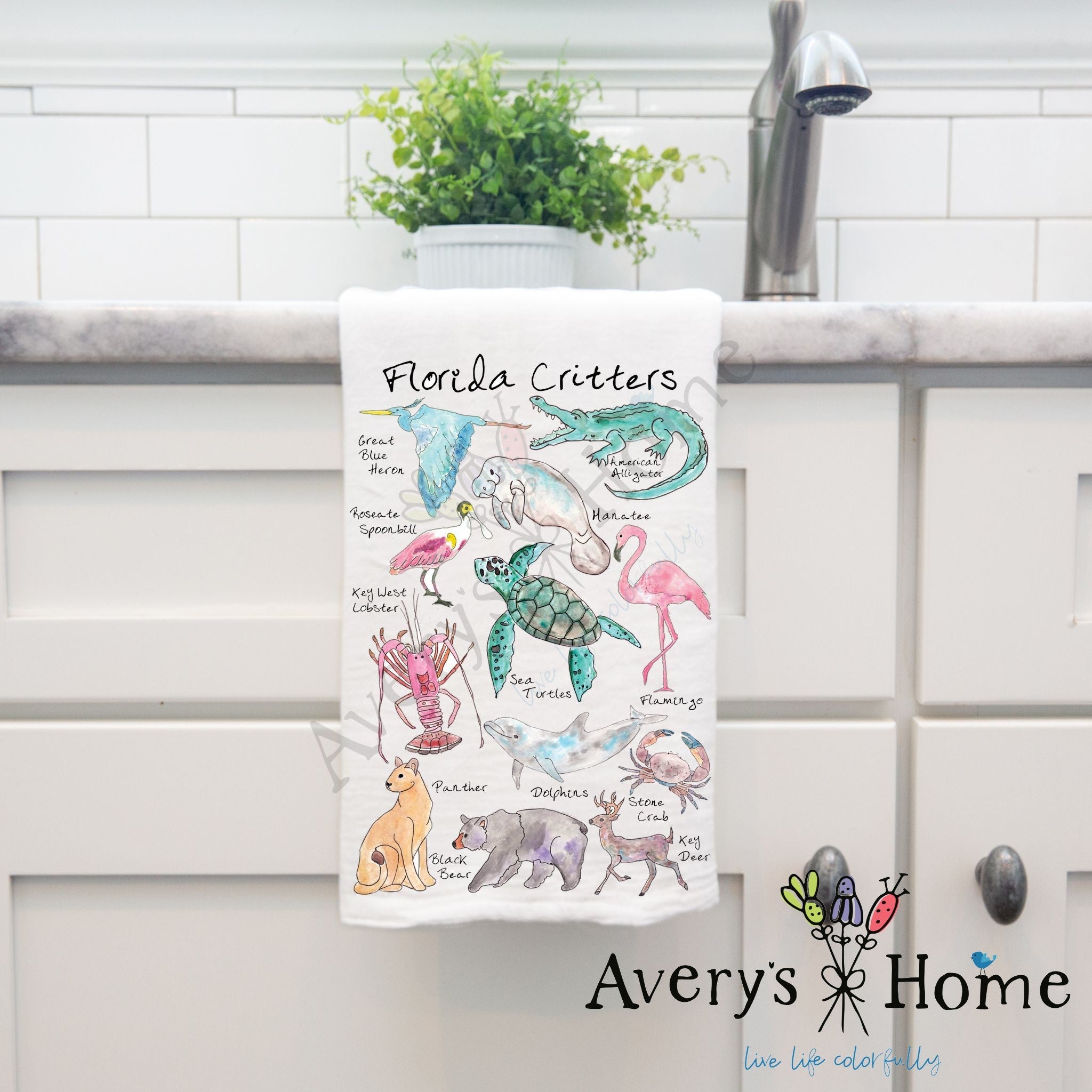 Florida Critters dish towel hanging by kitchen sink