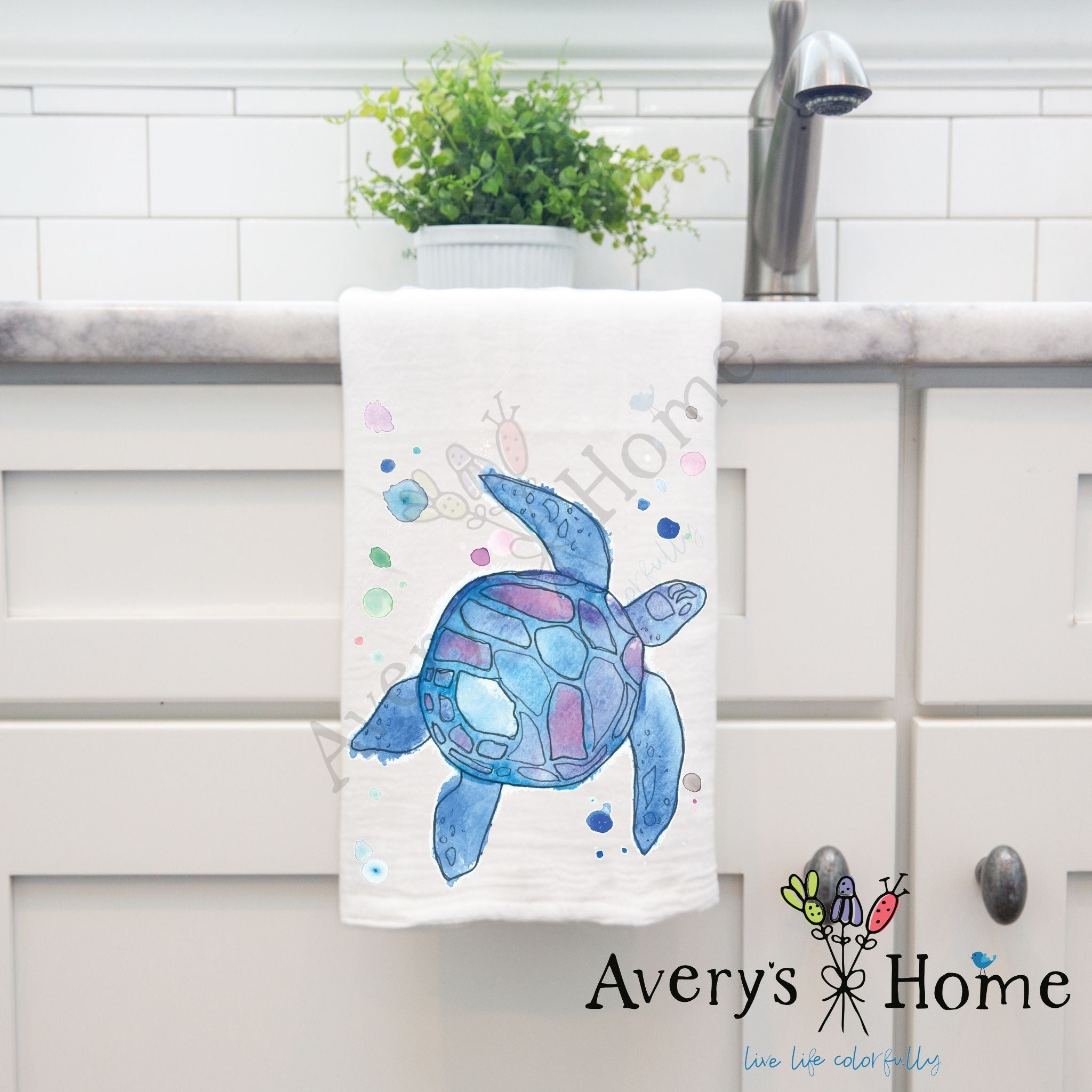 Blue Sea Turtle dish towel hanging in the kitchen