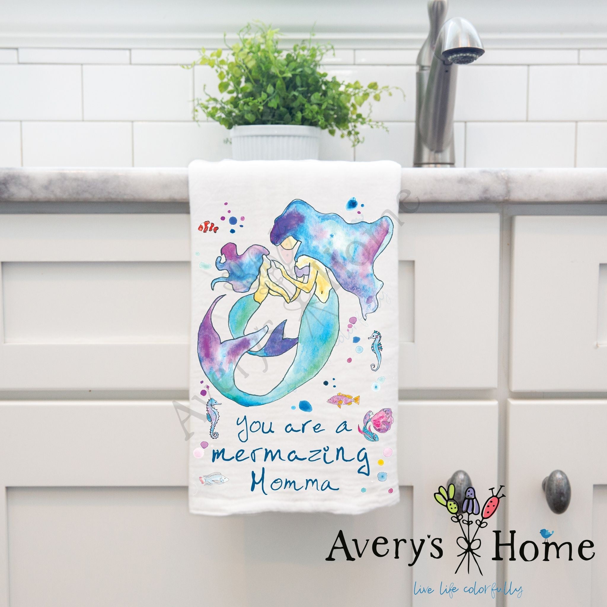 Mermazing Mermaid Momma dish towel, 27x27 flour sack cotton