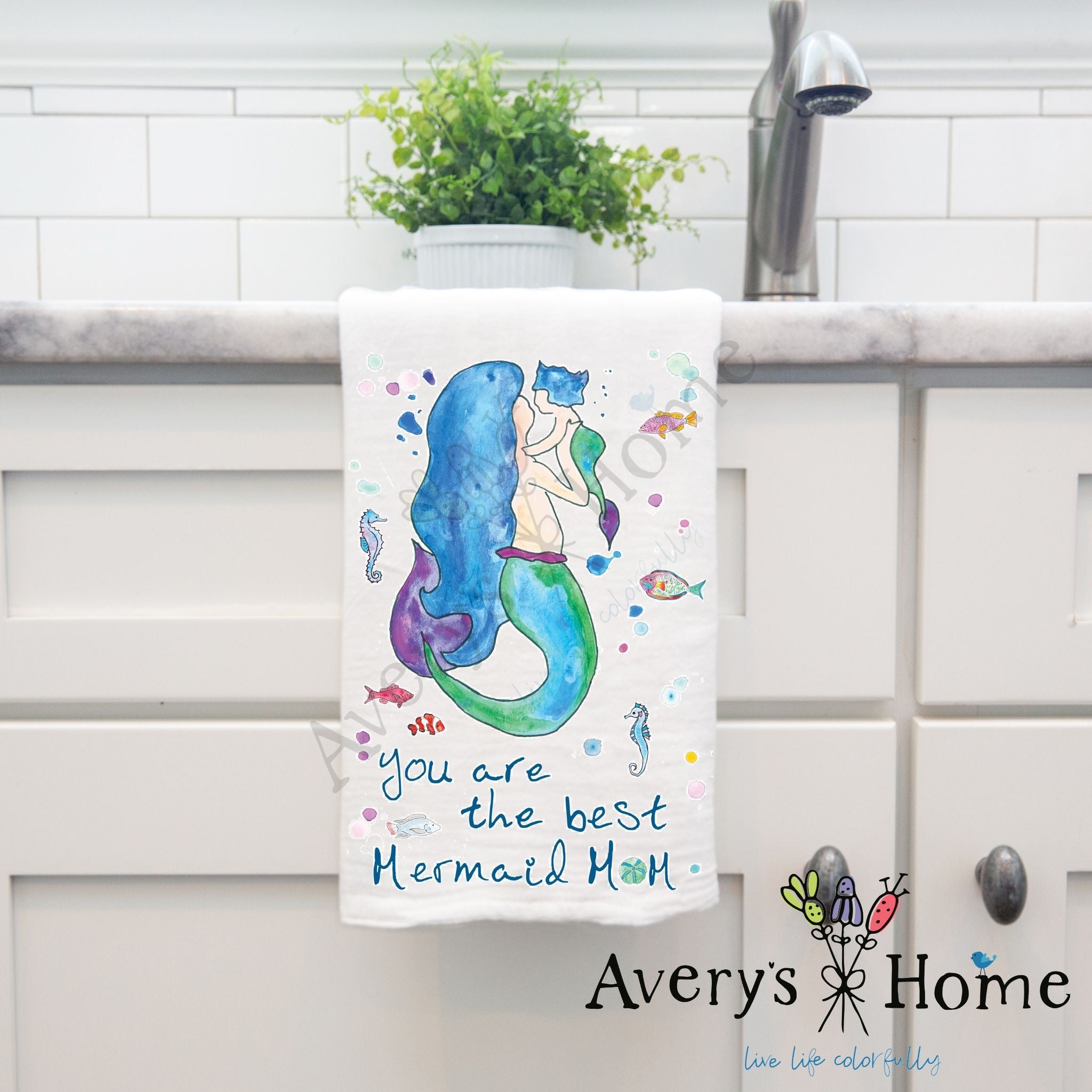 Mermaid Mom dish towel, 27x27 flour sack cotton