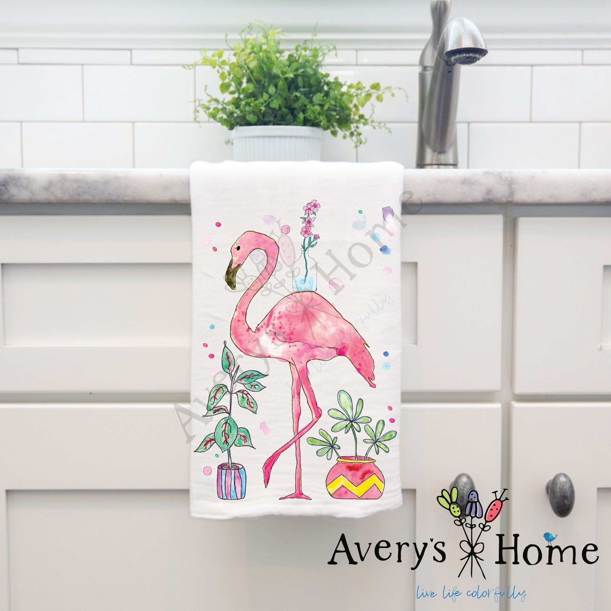 Happy Flamingo with Plants dish towel hanging by kitchen sink