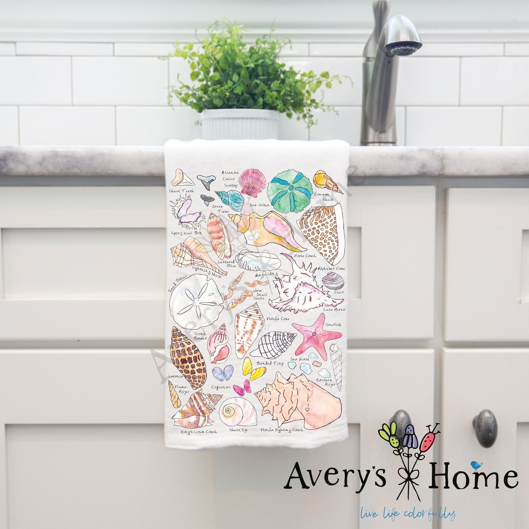 Seashell Collector dish towel, 27x27 flour sack cotton