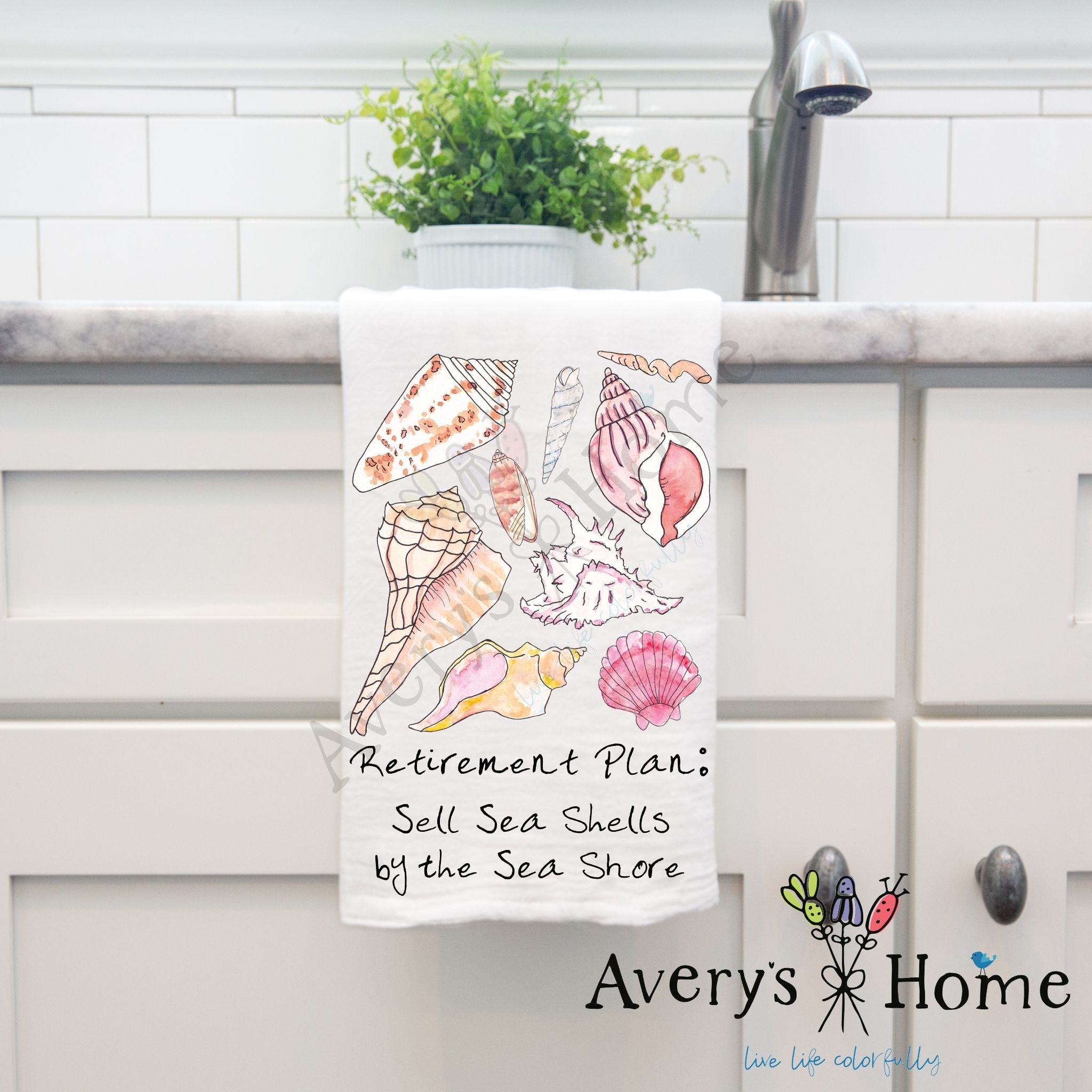 Beach Retirement Plan dish towel hanging by kitchen sink