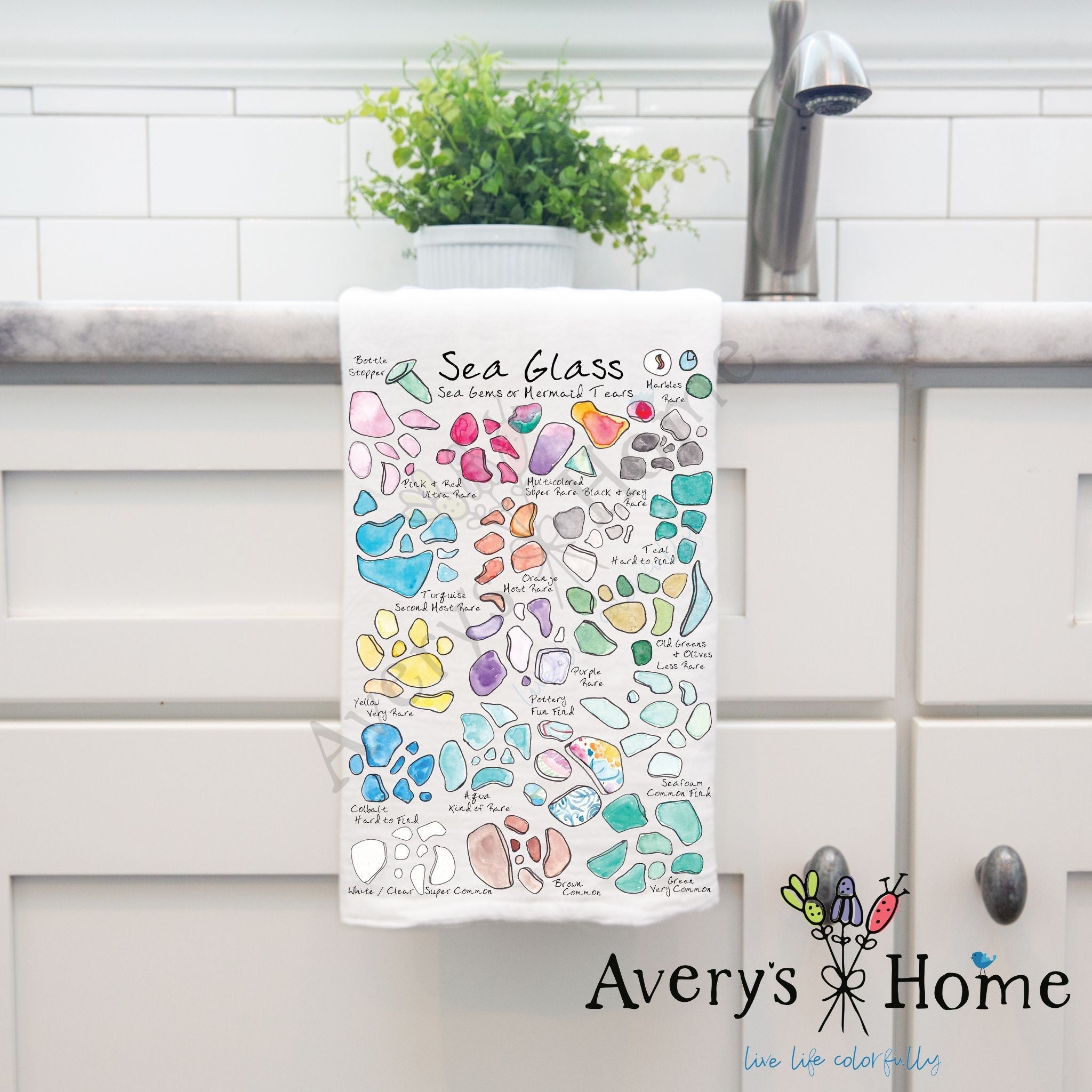 Sea Glass Collector dish towel, 27x27 flour sack cotton