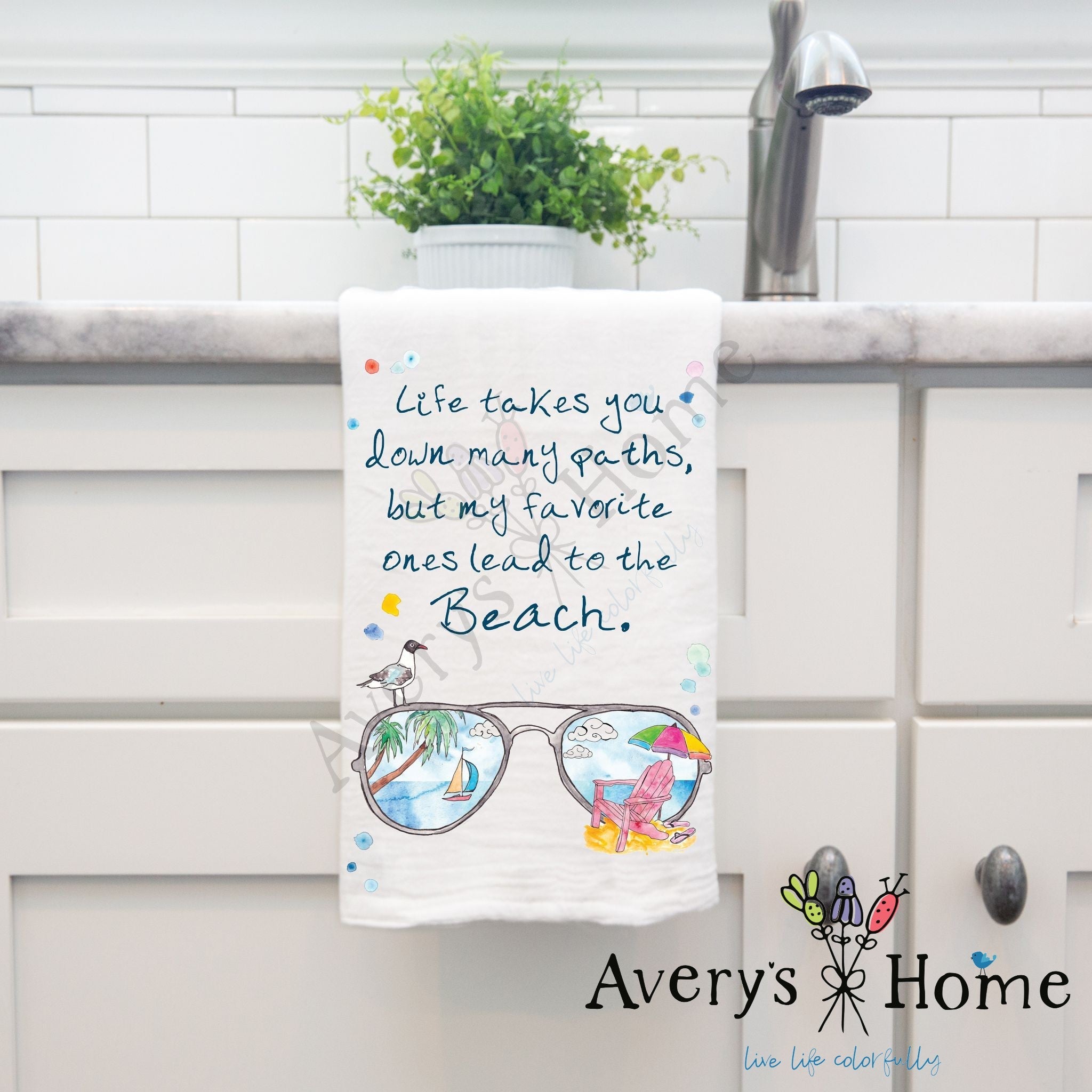All Paths Lead to the Beach dish towel hanging by kitchen sink
