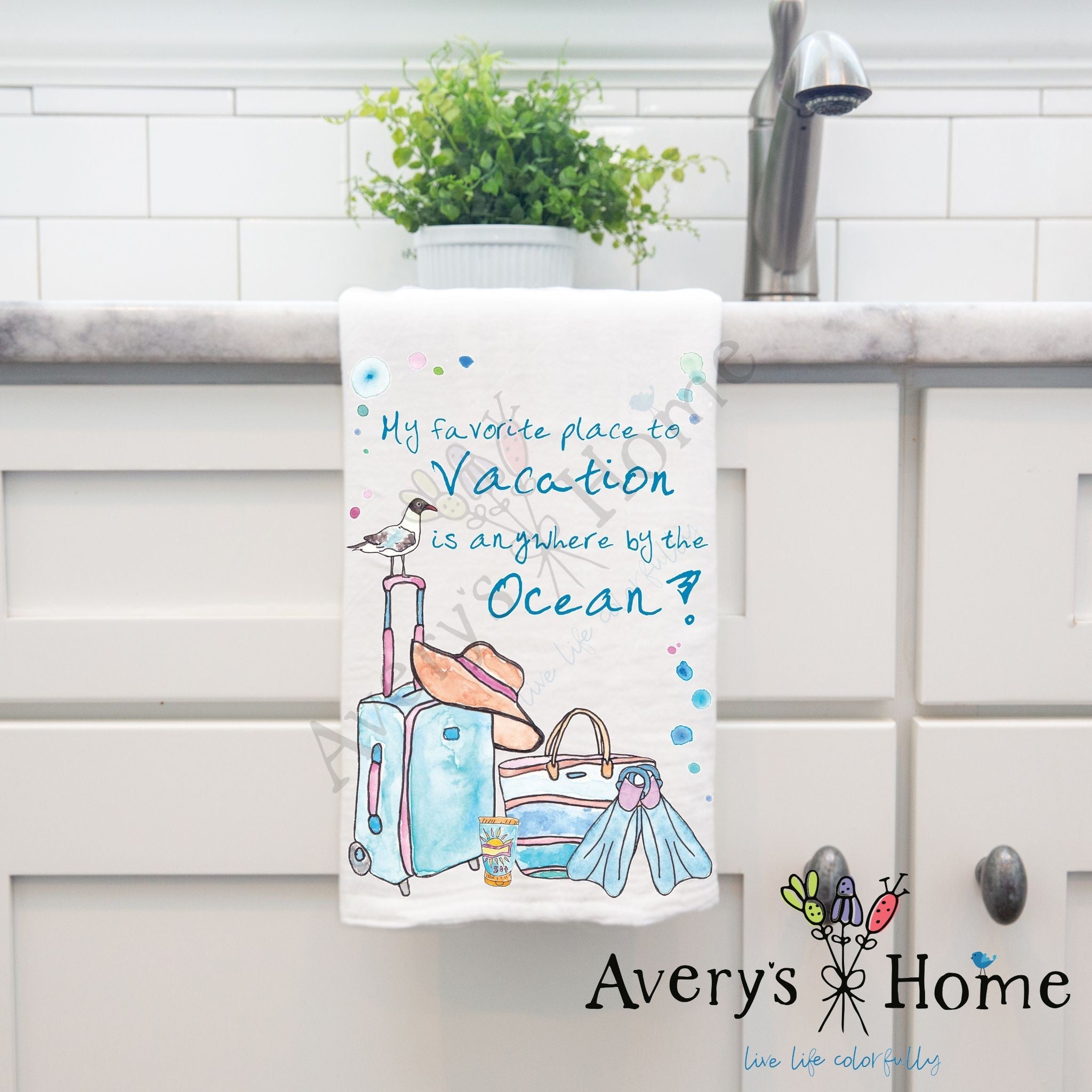 Summer Beach Vacation dish towel hanging in the kitchen