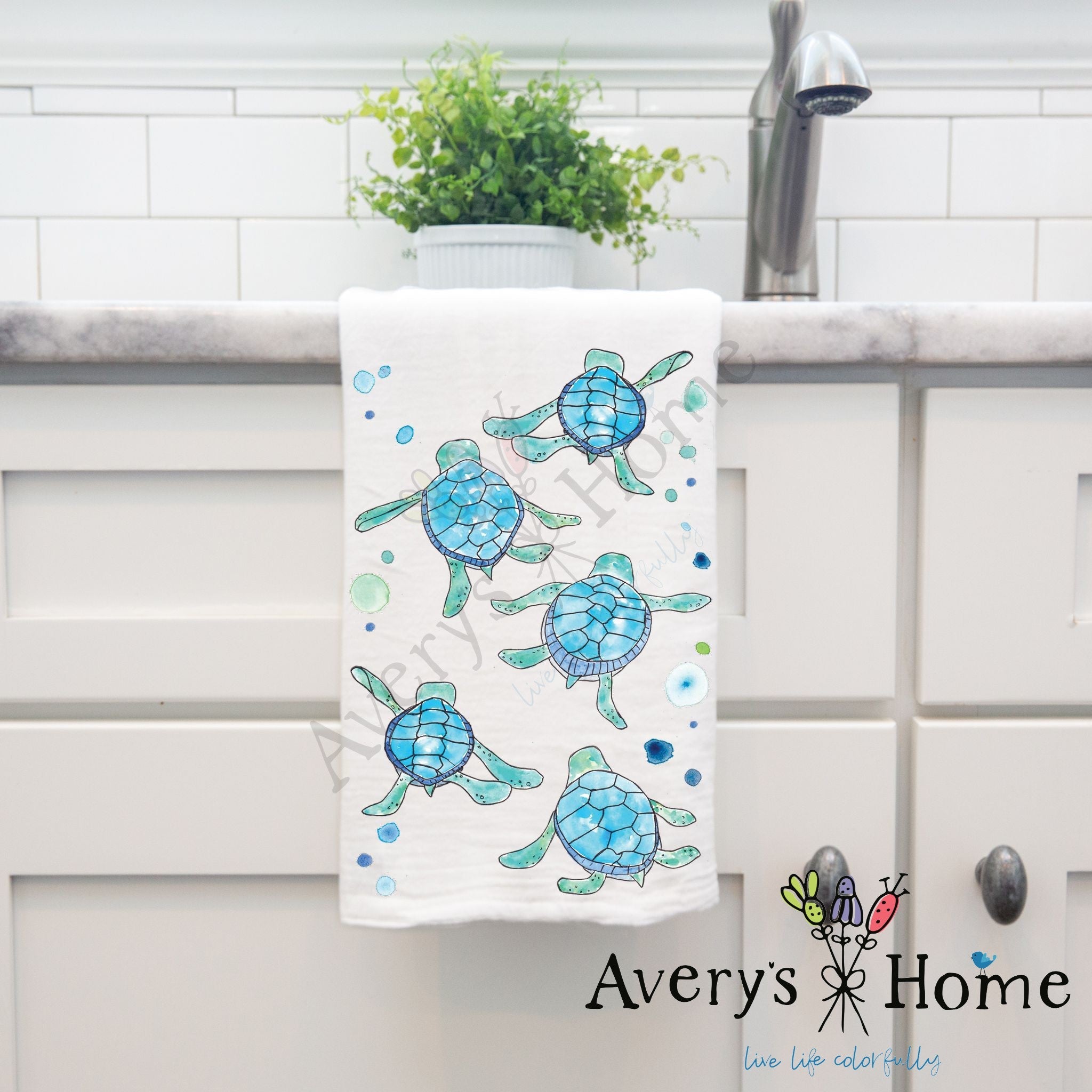 Baby Turtles Walking dish towel hanging in the kitchen