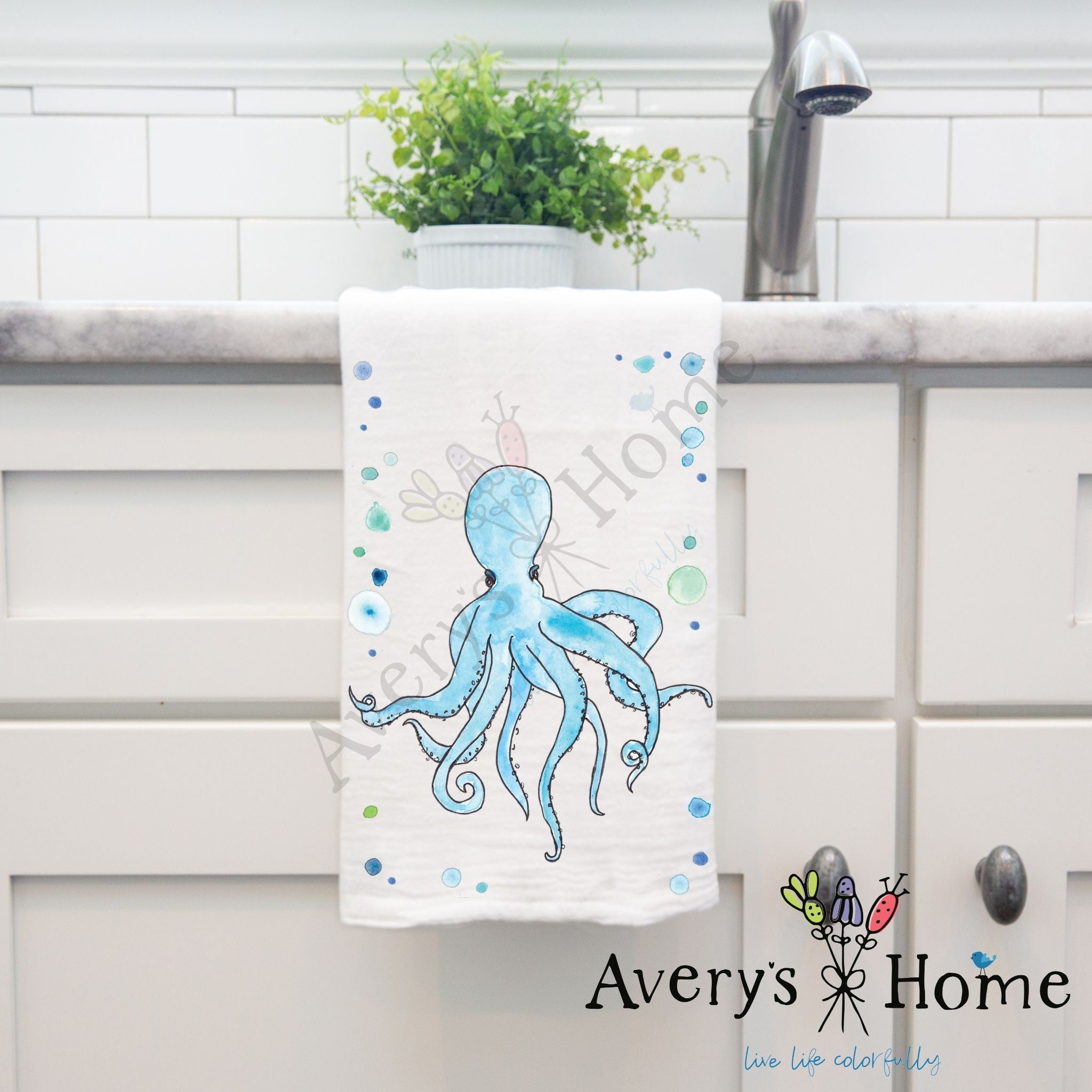 Octopus Cute dish towel, 27x27 flour sack cotton