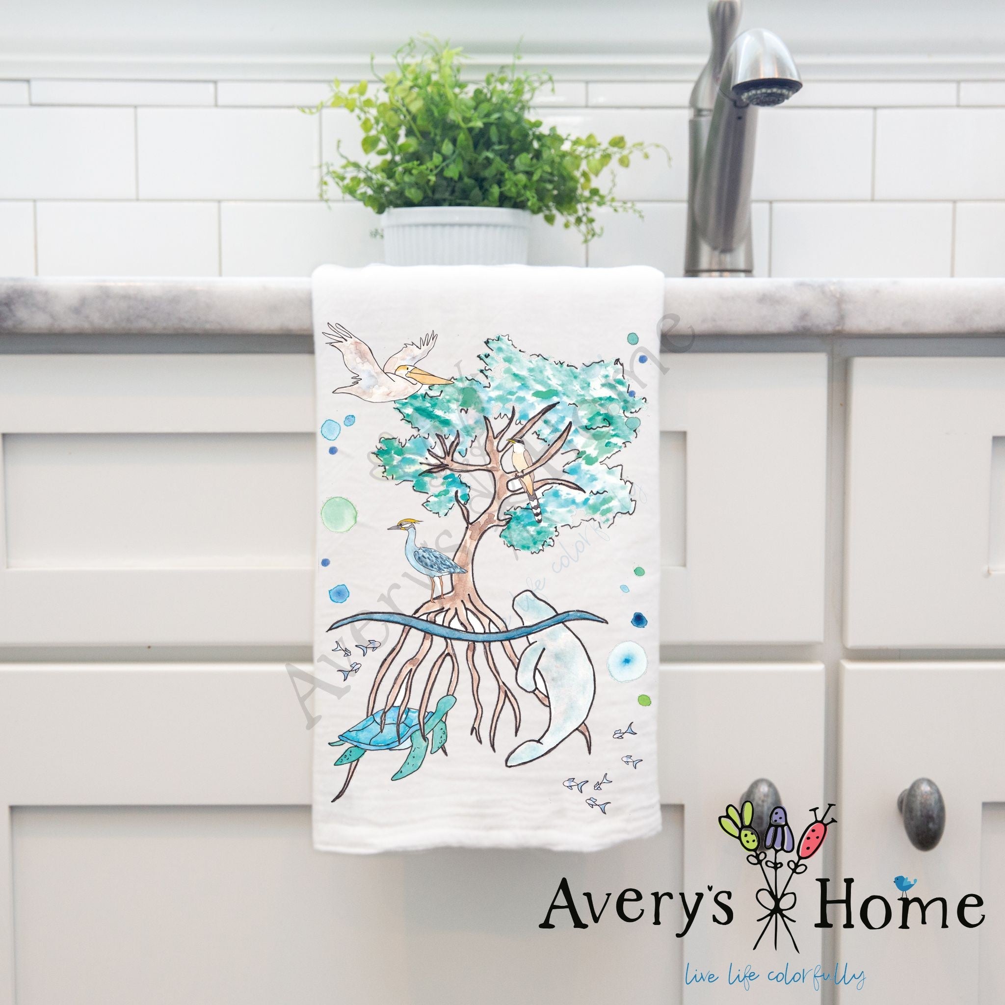 Mangrove Ecosystem dish towel hanging in the kitchen