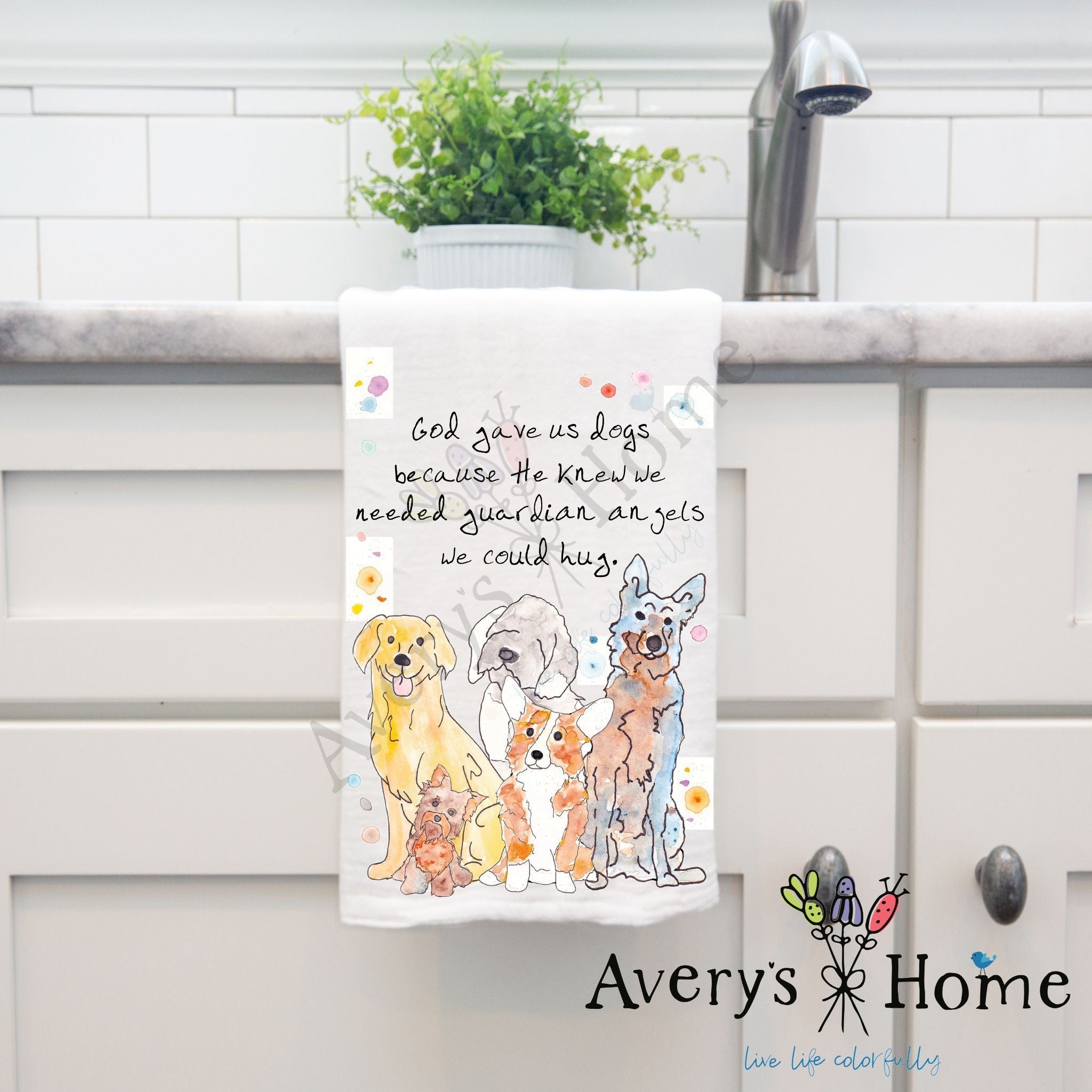 Dogs are Guardian Angels dish towel hanging by kitchen sink