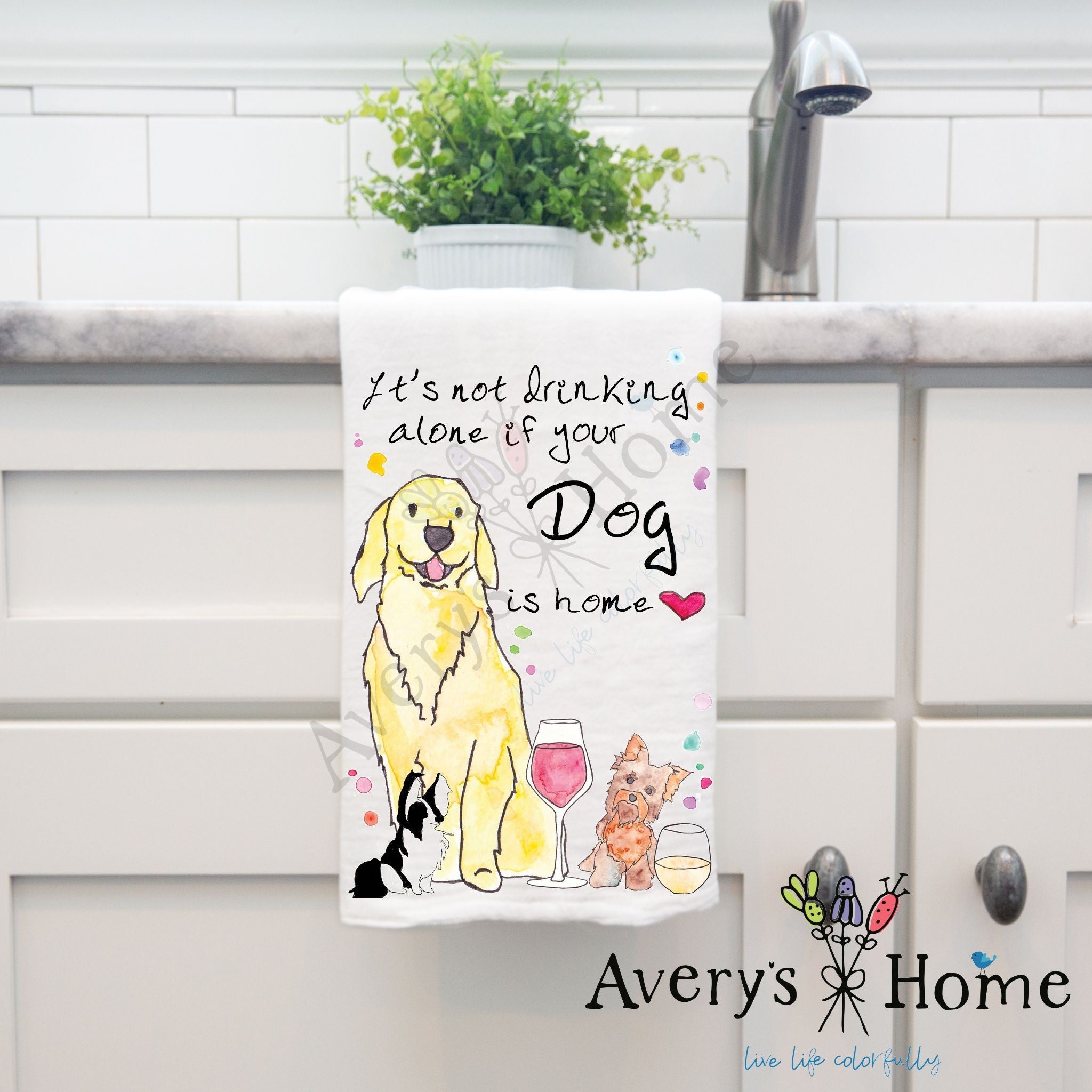 Dog Drinking Buddy dish towel hanging by kitchen sink
