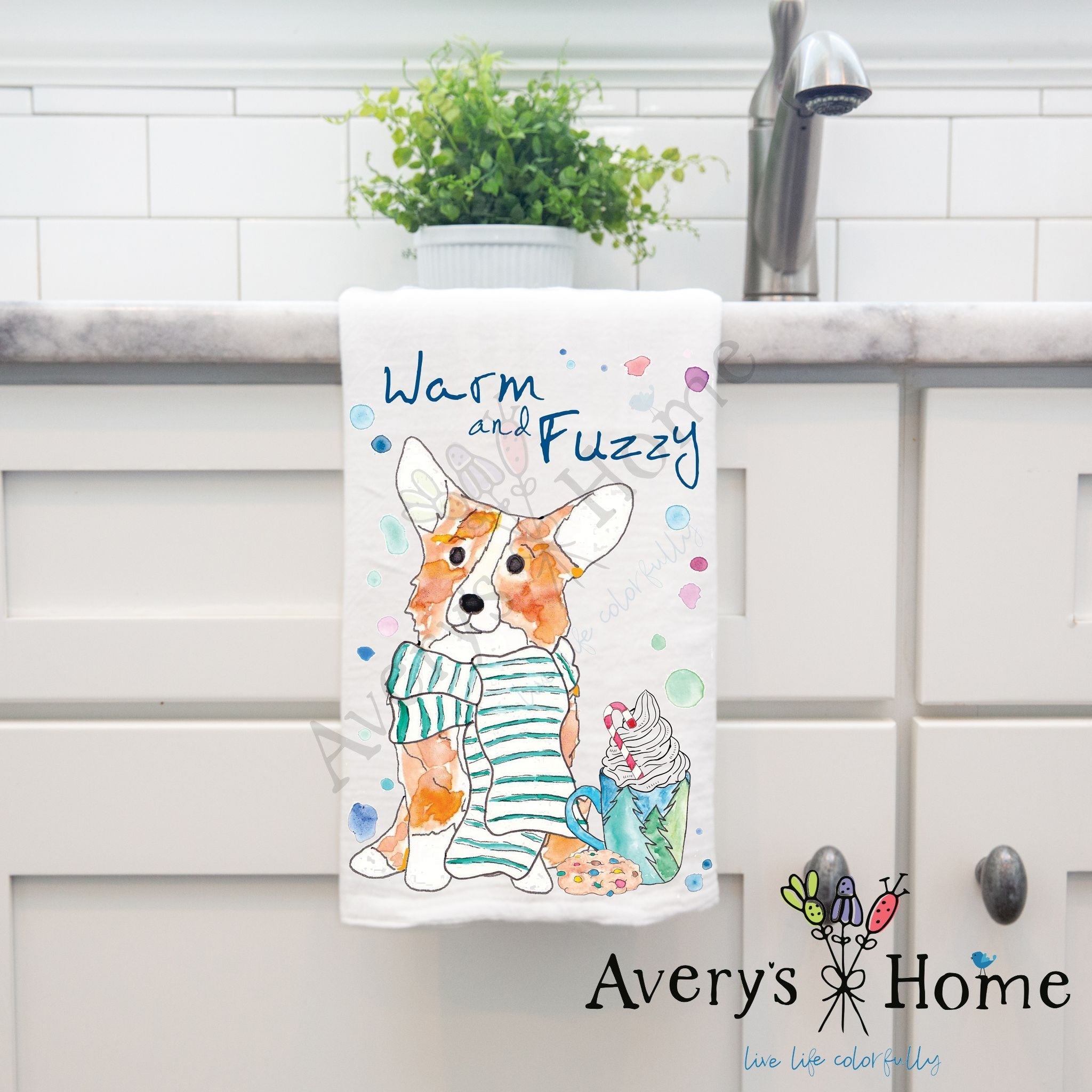 Warm and Fuzzy Winter Corgi dish towel, 27x27 flour sack cotton