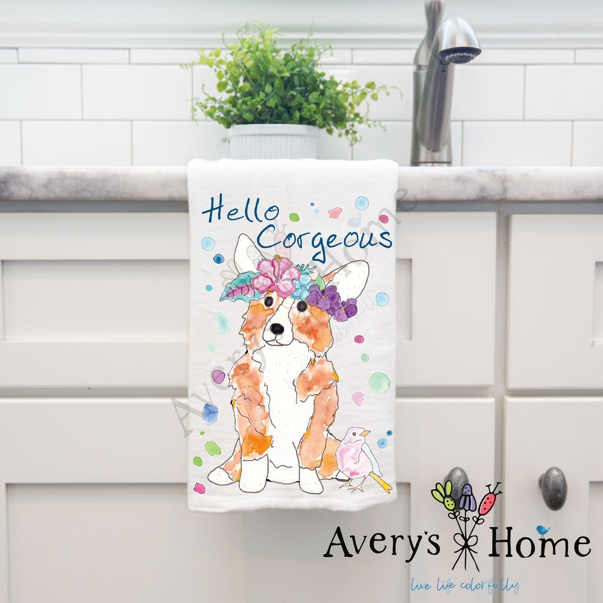 Hello Corgeous Summer Corgi dish towel hanging by kitchen sink